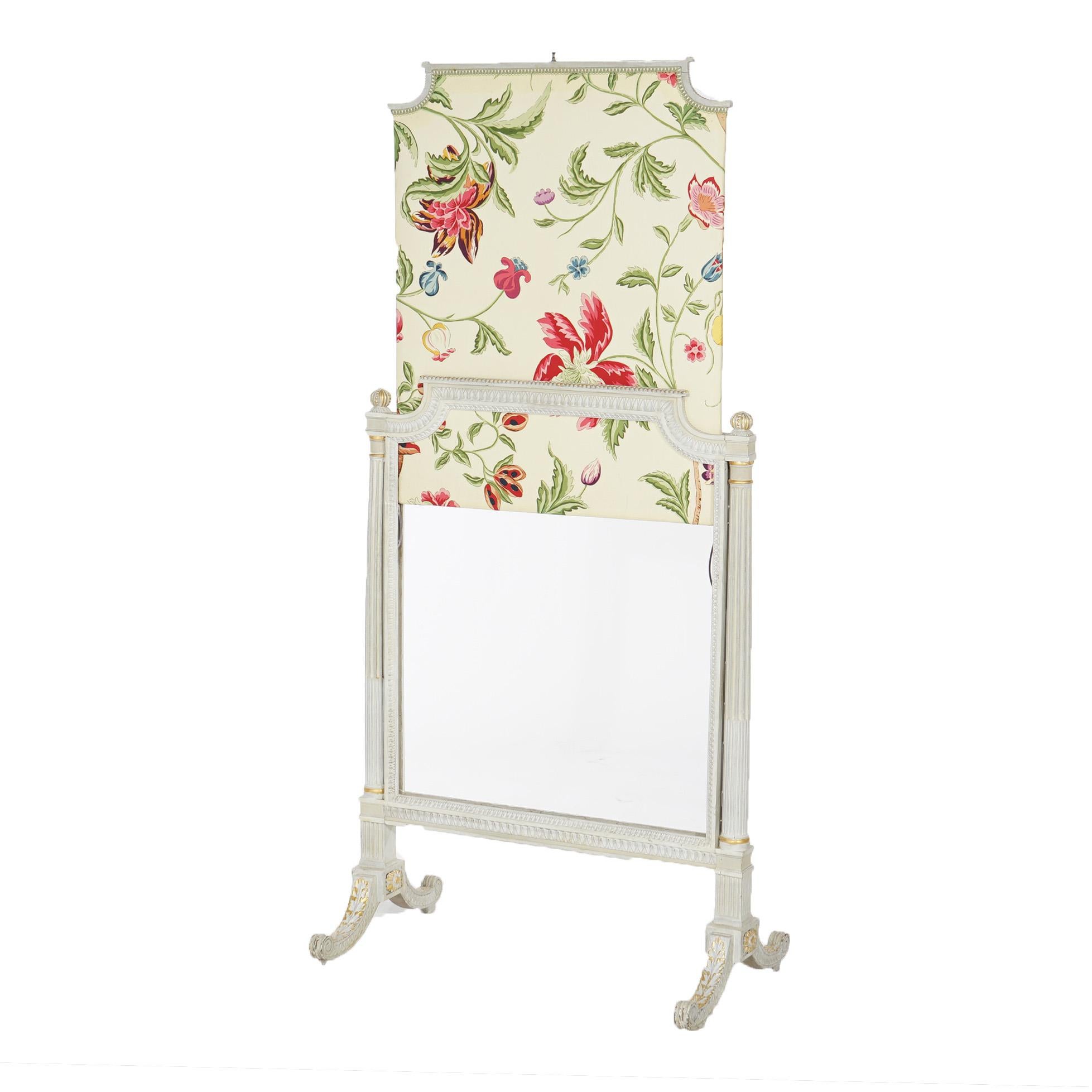 French Louis XVI Style White & Gilt Fire Screen with Floral Fabric, 20th C For Sale 3