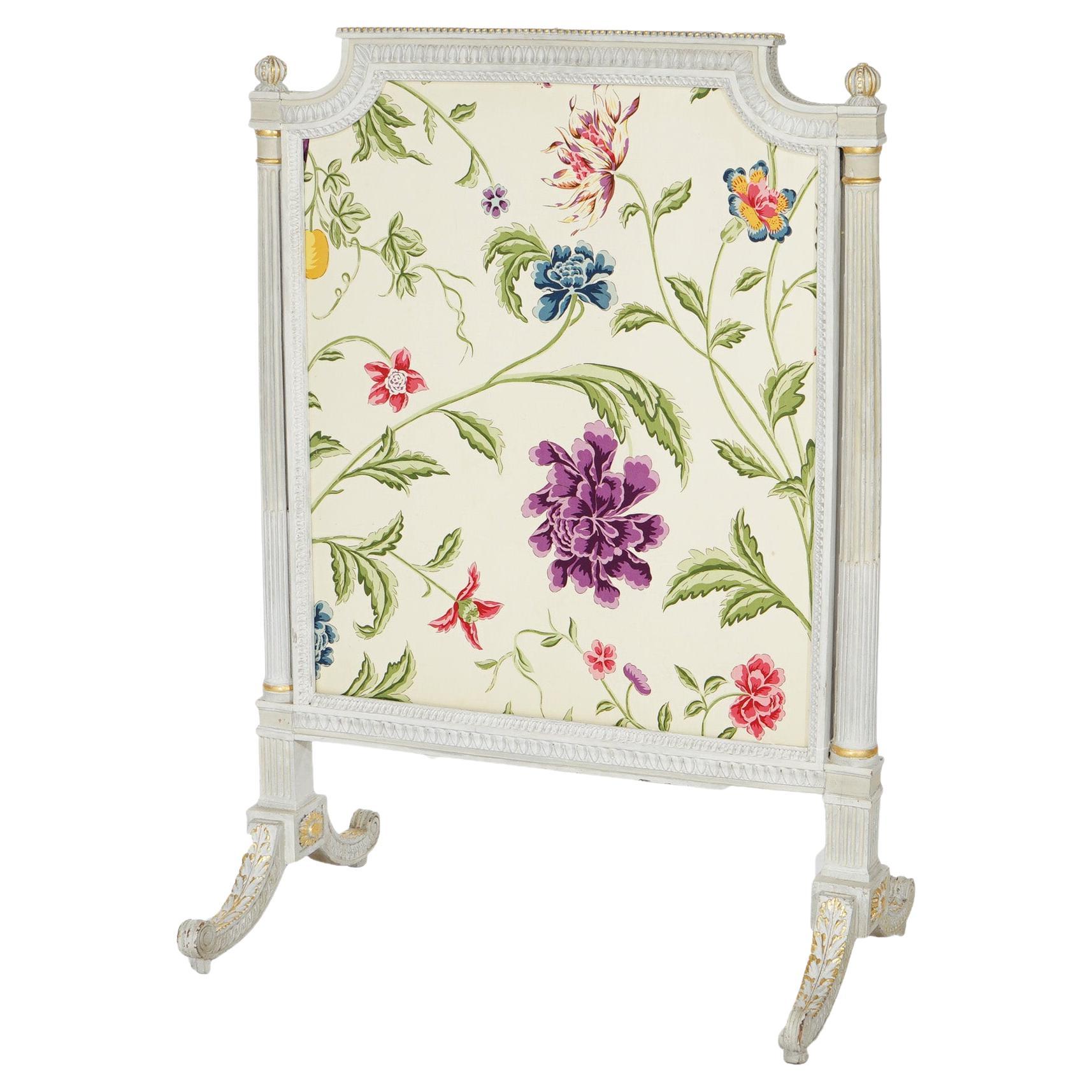 French Louis XVI Style White & Gilt Fire Screen with Floral Fabric, 20th C For Sale