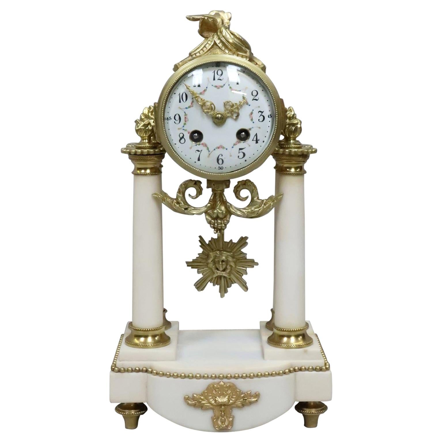 French Louis XVI Style White Marble and Bronze Gilt Mantel Clock by Samuel Marti For Sale