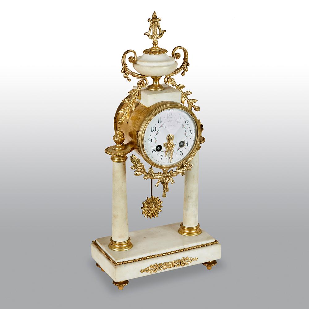 French Louis XVI Style White Marble and Gilt Metal Mounted Clock Set 6