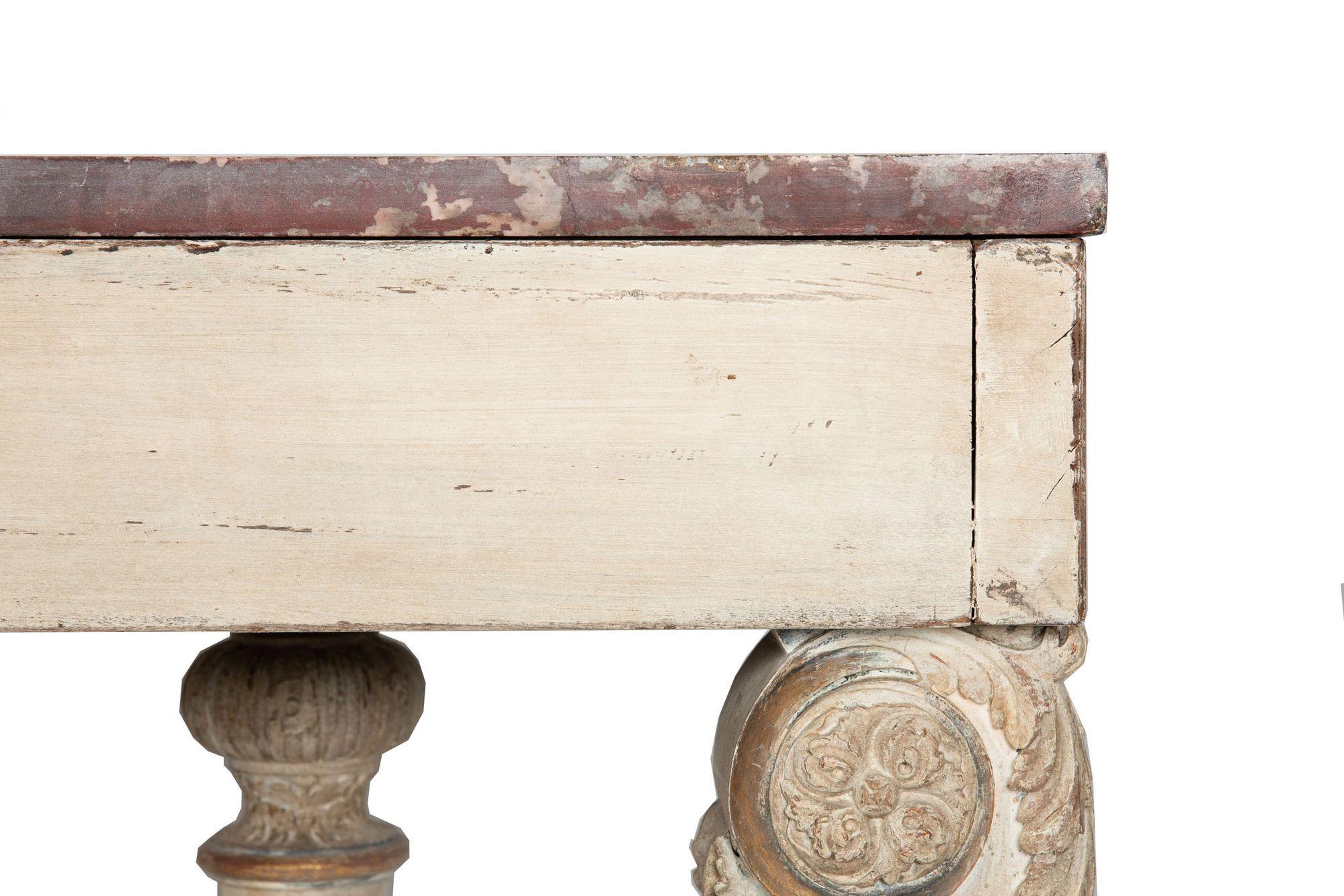 French Louis XVI Style White Painted and Parcel-Gilt Violet Marble Console Table For Sale 15