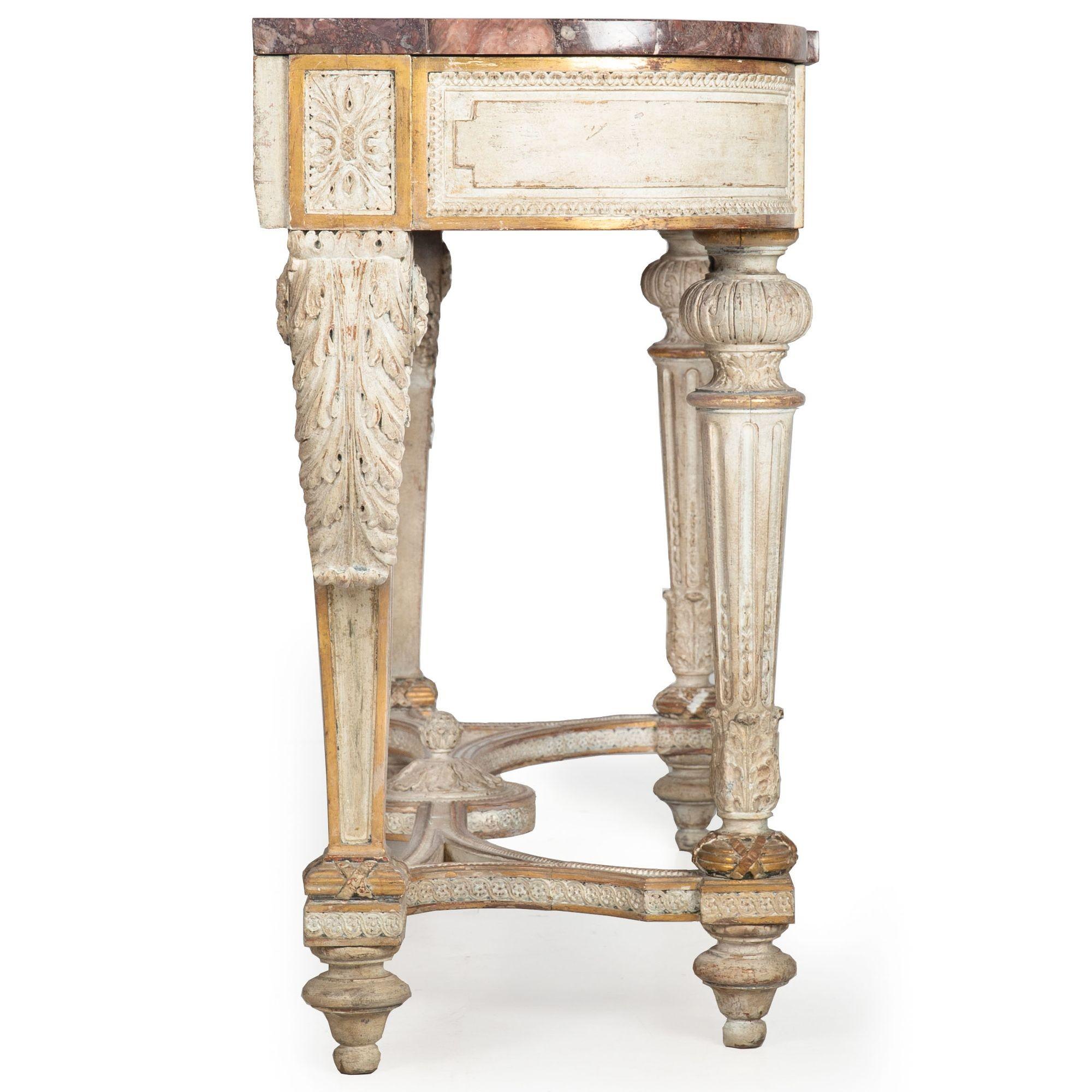 French Louis XVI Style White Painted and Parcel-Gilt Violet Marble Console Table In Good Condition For Sale In Shippensburg, PA