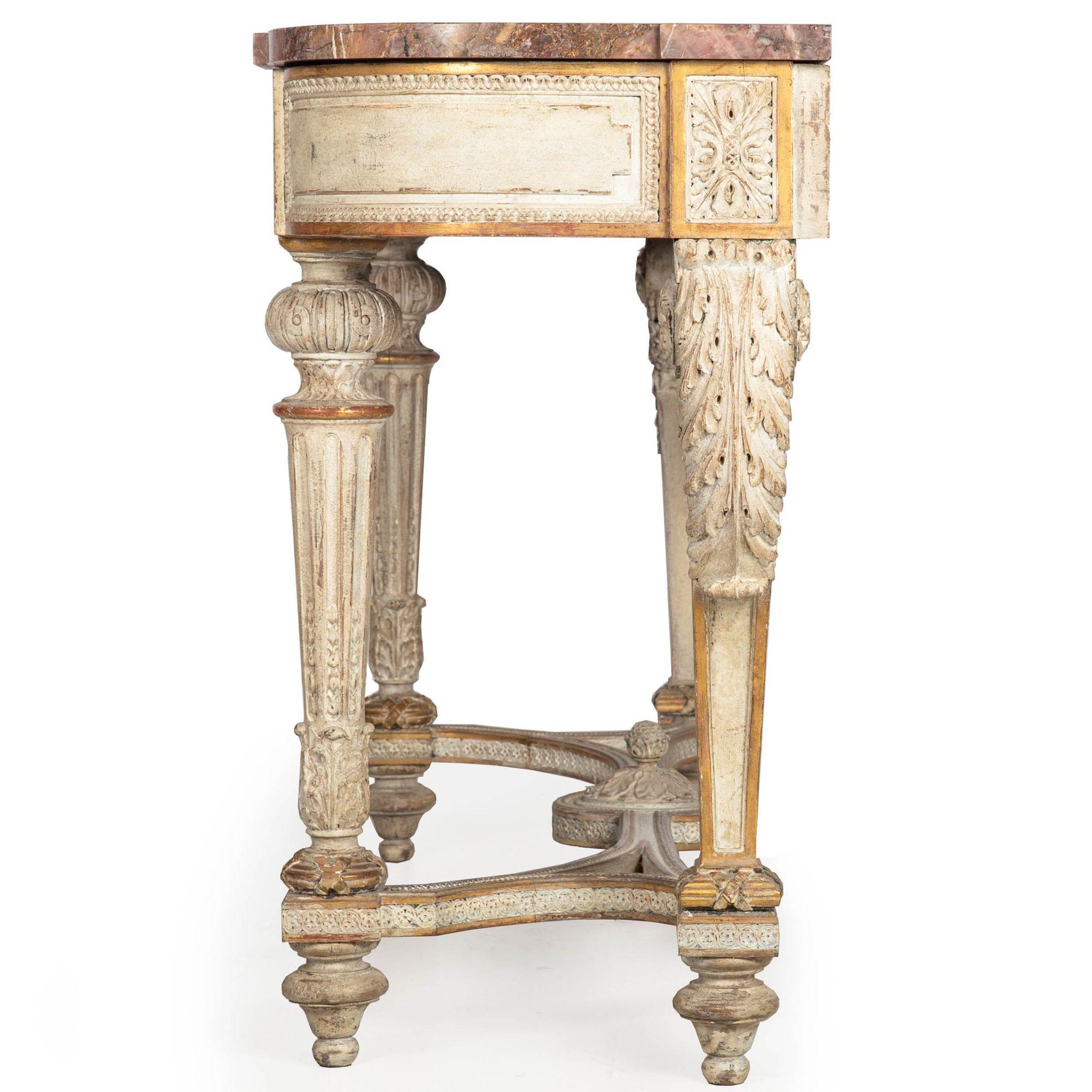 French Louis XVI Style White Painted and Parcel-Gilt Violet Marble Console Table For Sale 1