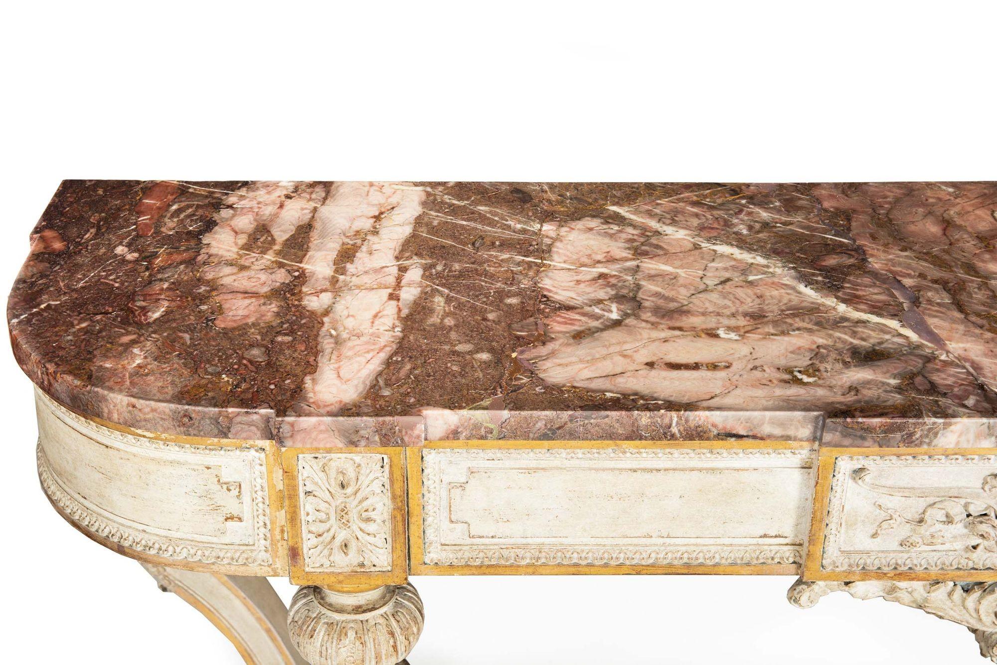 French Louis XVI Style White Painted and Parcel-Gilt Violet Marble Console Table For Sale 2