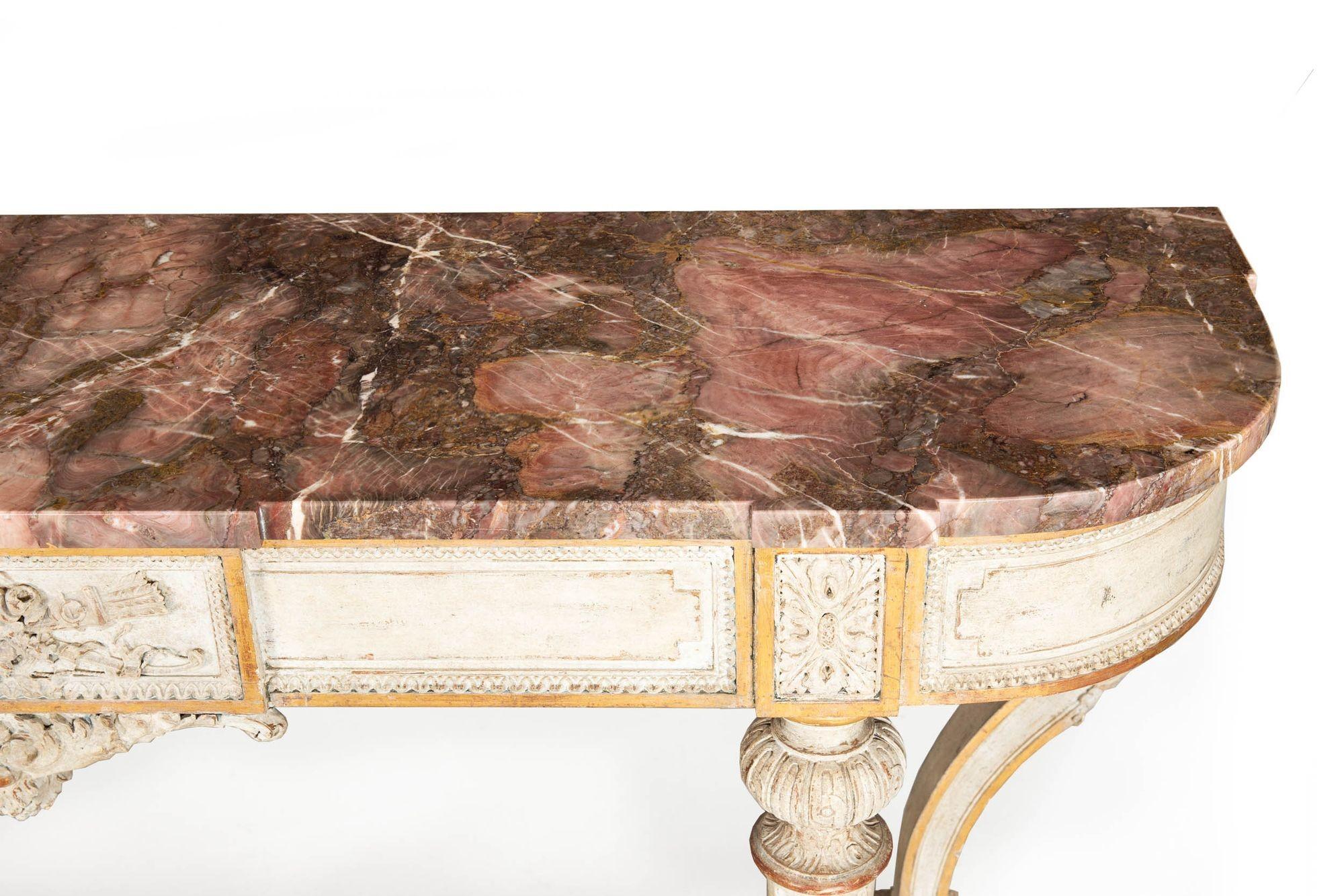 French Louis XVI Style White Painted and Parcel-Gilt Violet Marble Console Table For Sale 3