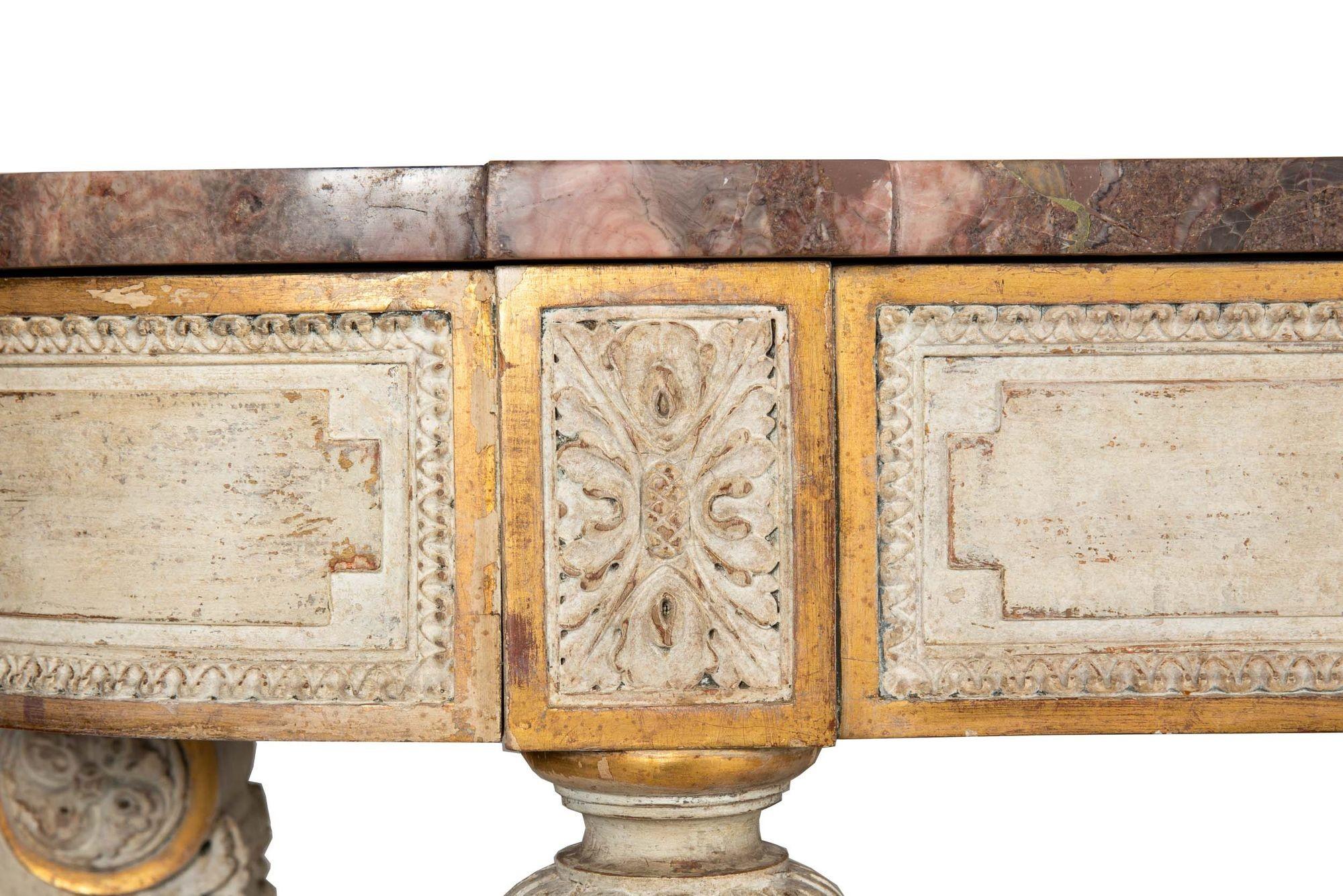 French Louis XVI Style White Painted and Parcel-Gilt Violet Marble Console Table For Sale 4