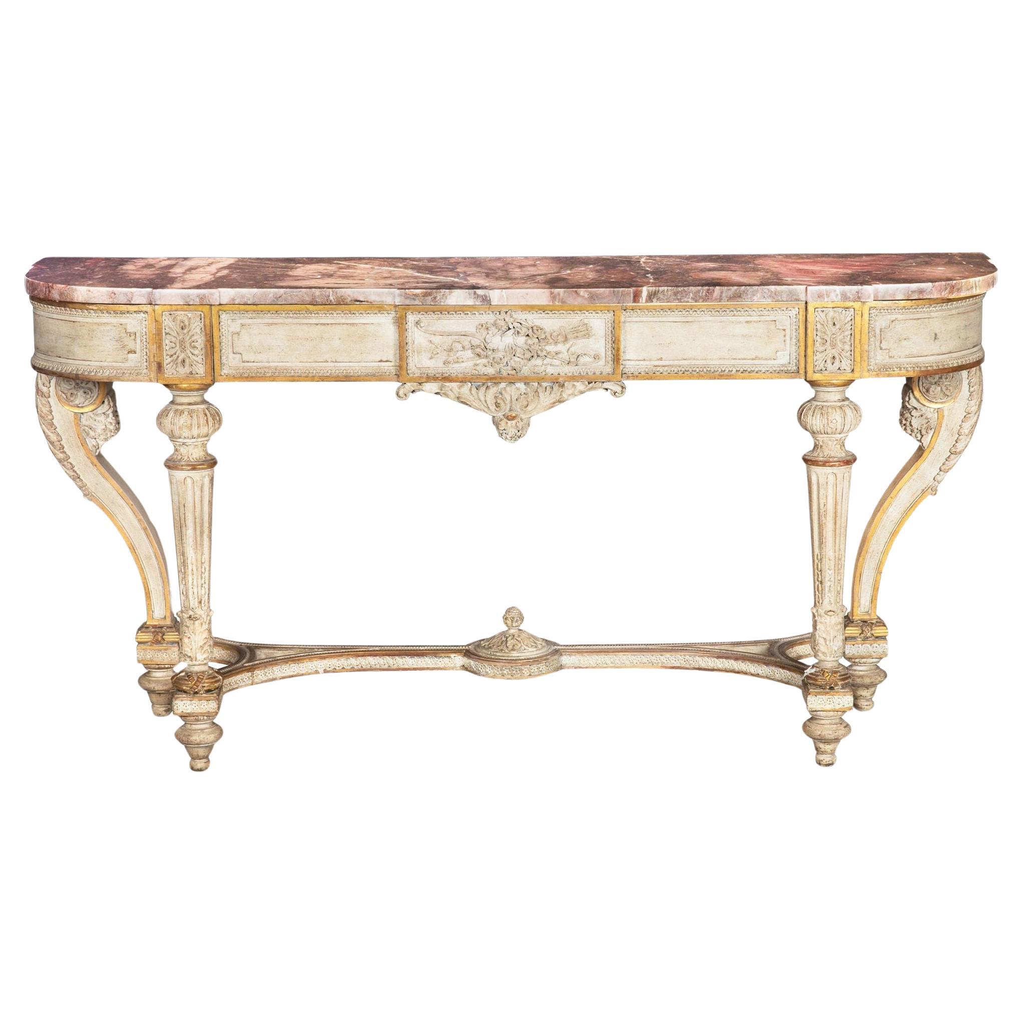Table console française de style Louis XVI peinte en blanc et partiellement dorée en marbre violet