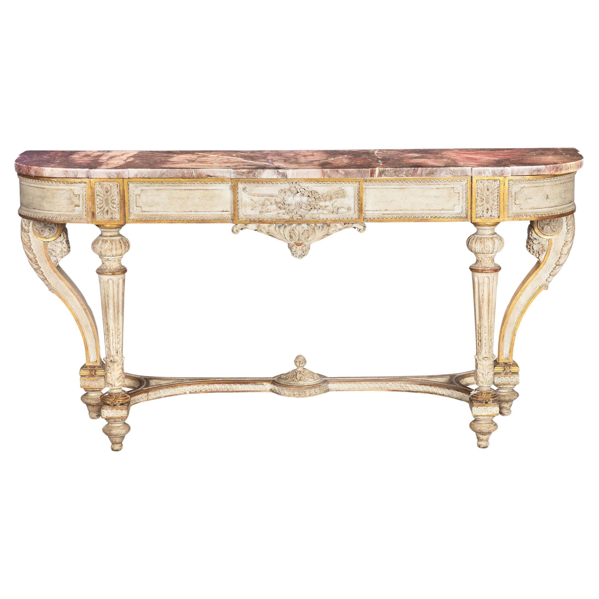 Französischer Konsolentisch im Louis-XVI.-Stil, weiß lackiert und teilweise vergoldet, aus violettem Marmor