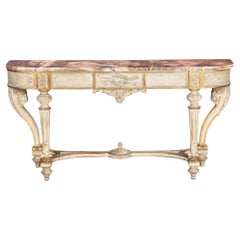 Table console française de style Louis XVI peinte en blanc et partiellement dorée en marbre violet