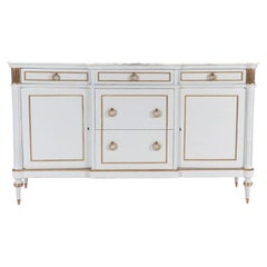 French Louis XVI Style White Painted Sideboard with Marble Top and Bronze Mounts