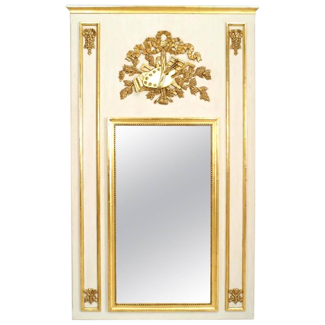 Louis XVI Style White and Gold Painted Art Motif Trumeau / Wall Mirror