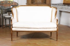 French Louis XVI Style Wingback Settee with Original Gilding and New Fabric