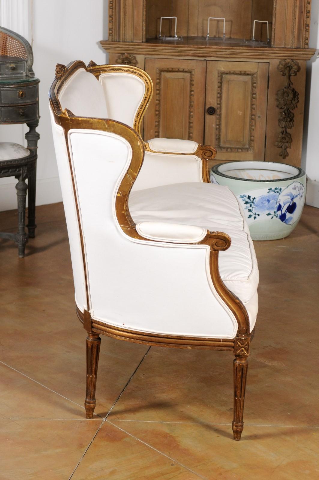 19th Century French Louis XVI Style Wingback Settee with Original Gilding and New Fabric