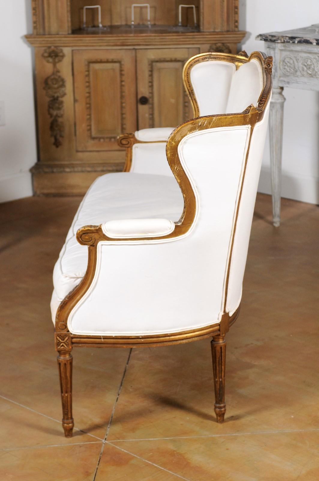 French Louis XVI Style Wingback Settee with Original Gilding and New Fabric 2