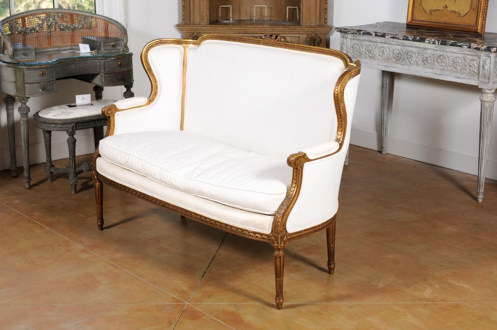 French Louis XVI Style Wingback Settee with Original Gilding and New Fabric 3