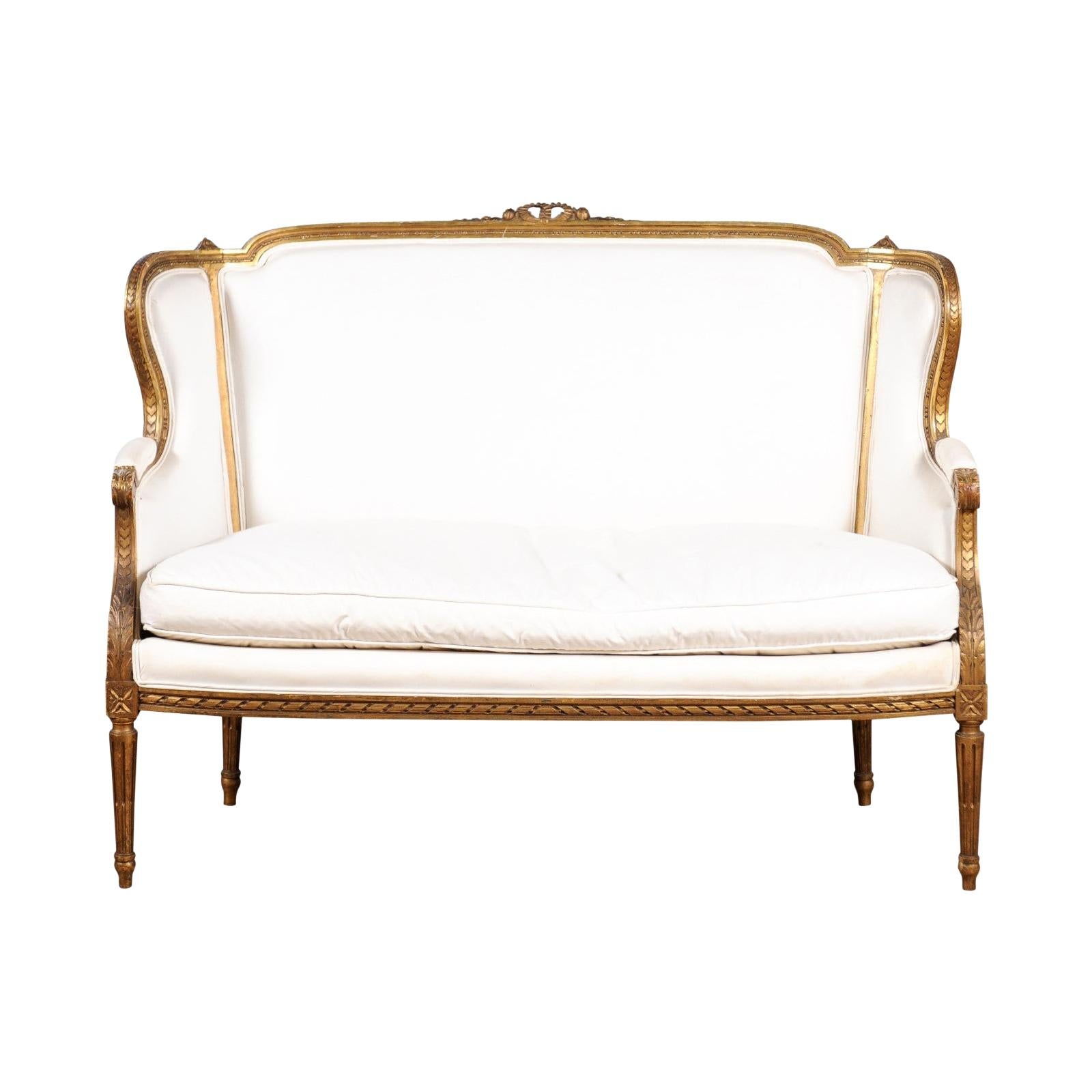 French Louis XVI Style Wingback Settee with Original Gilding and New Fabric