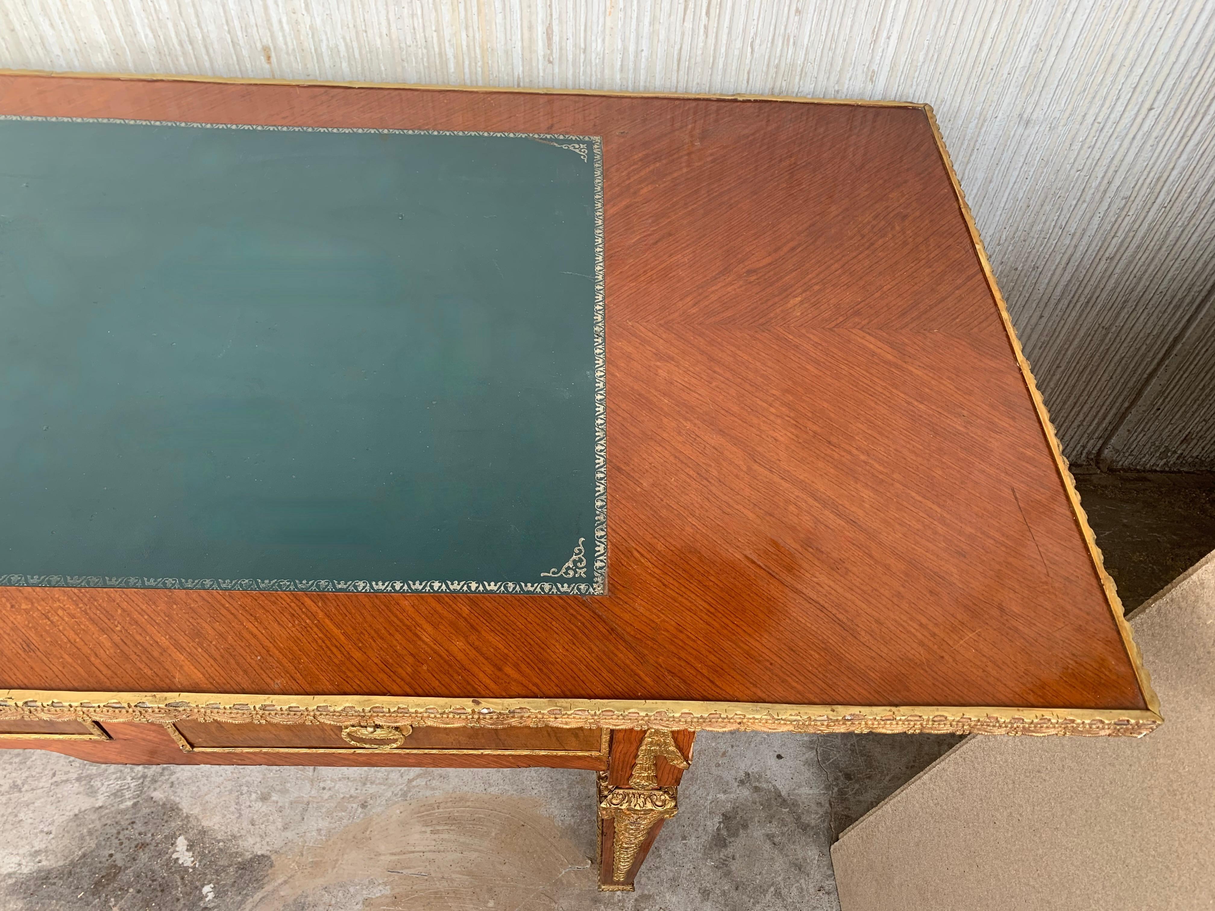 French Louis XVI Style Writing Desk Bureauplatt, Bronze Gilt Mounts Leather Top For Sale 6