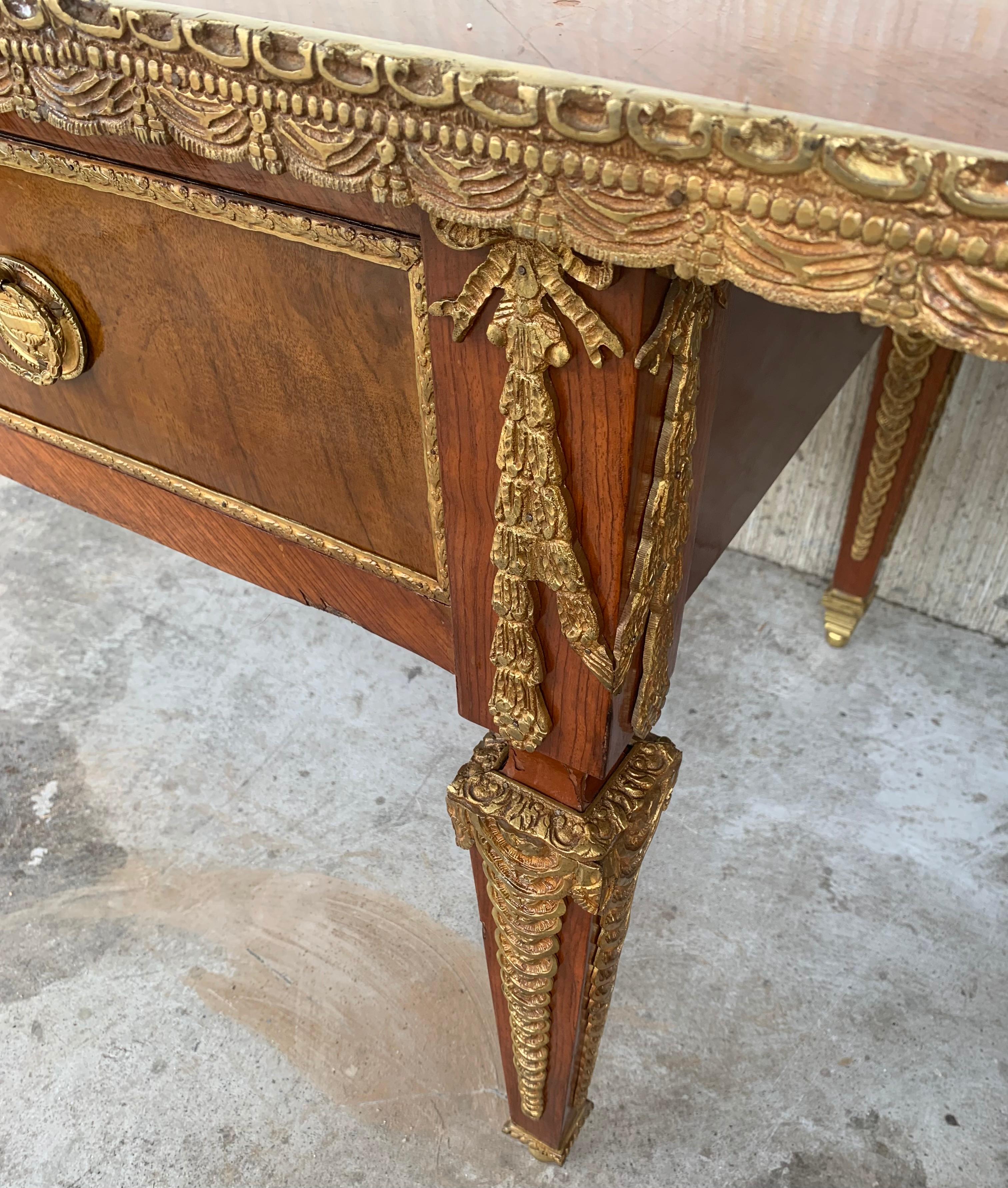 French Louis XVI Style Writing Desk Bureauplatt, Bronze Gilt Mounts Leather Top For Sale 10