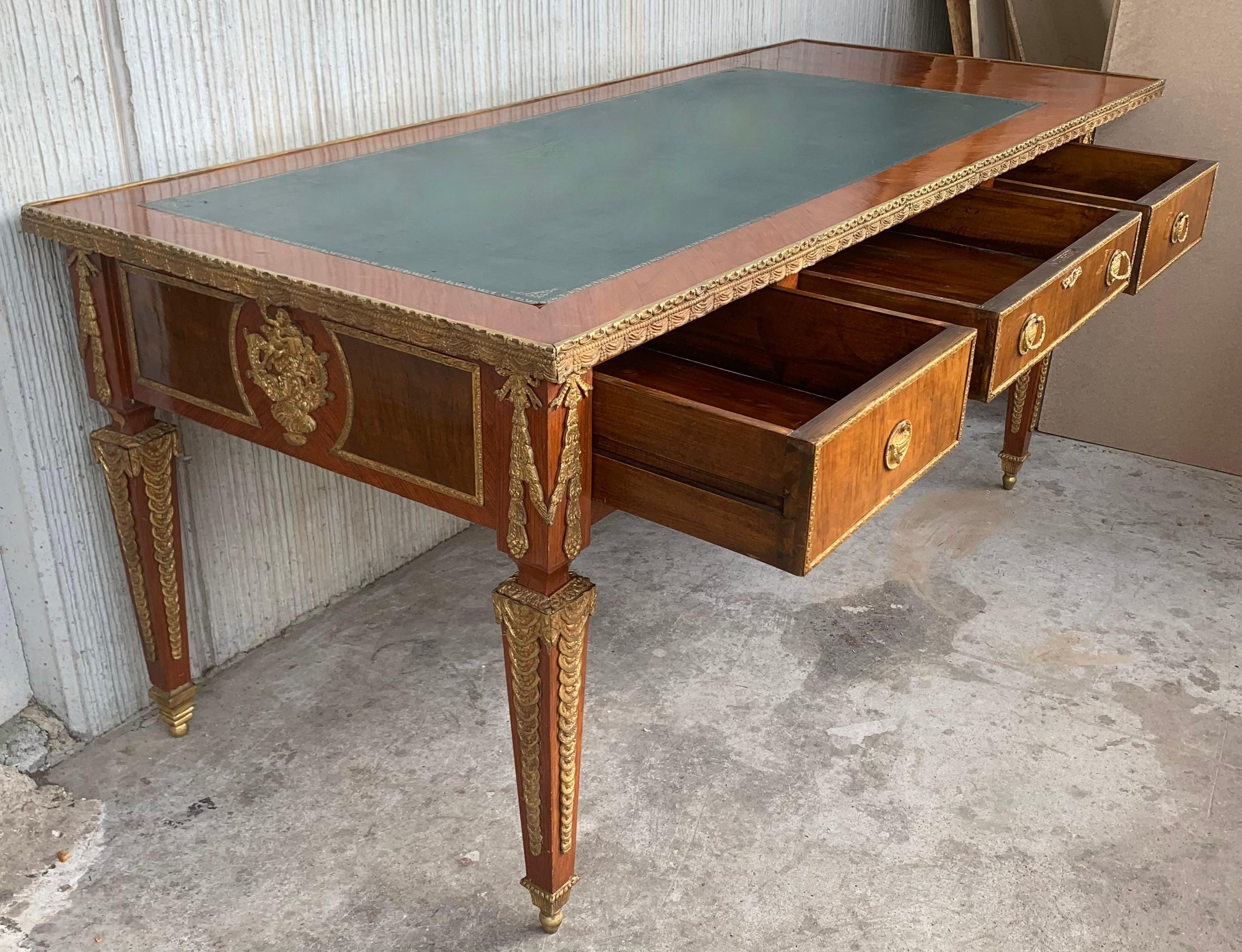 French Louis XVI Style Writing Desk Bureauplatt, Bronze Gilt Mounts Leather Top For Sale 3