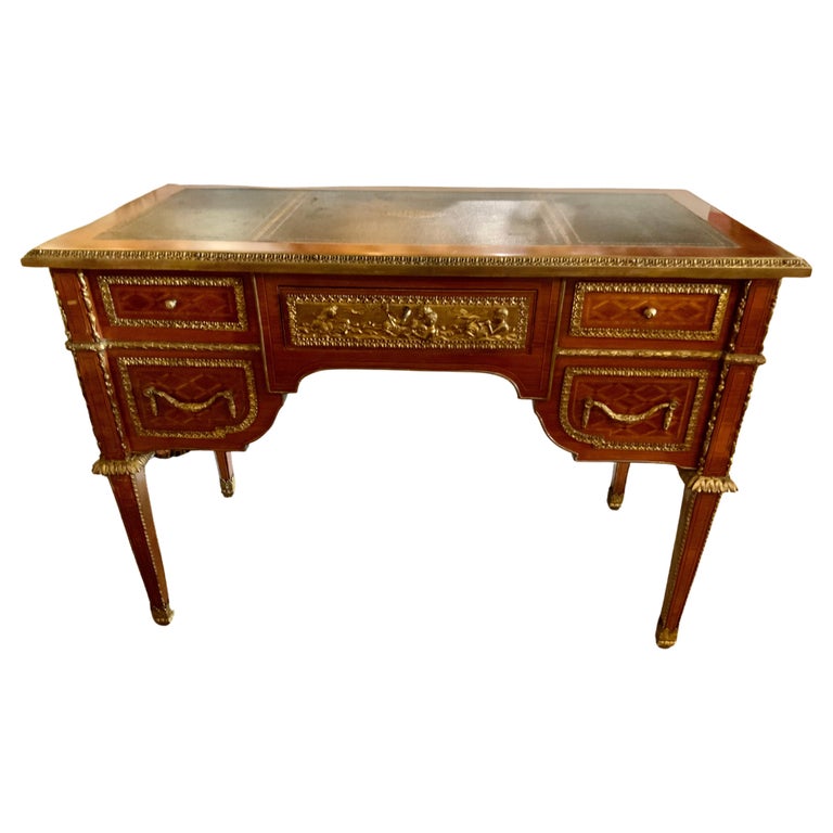 French Louis XVIStyle Writing Desk with Marquetry and Bronze Dore