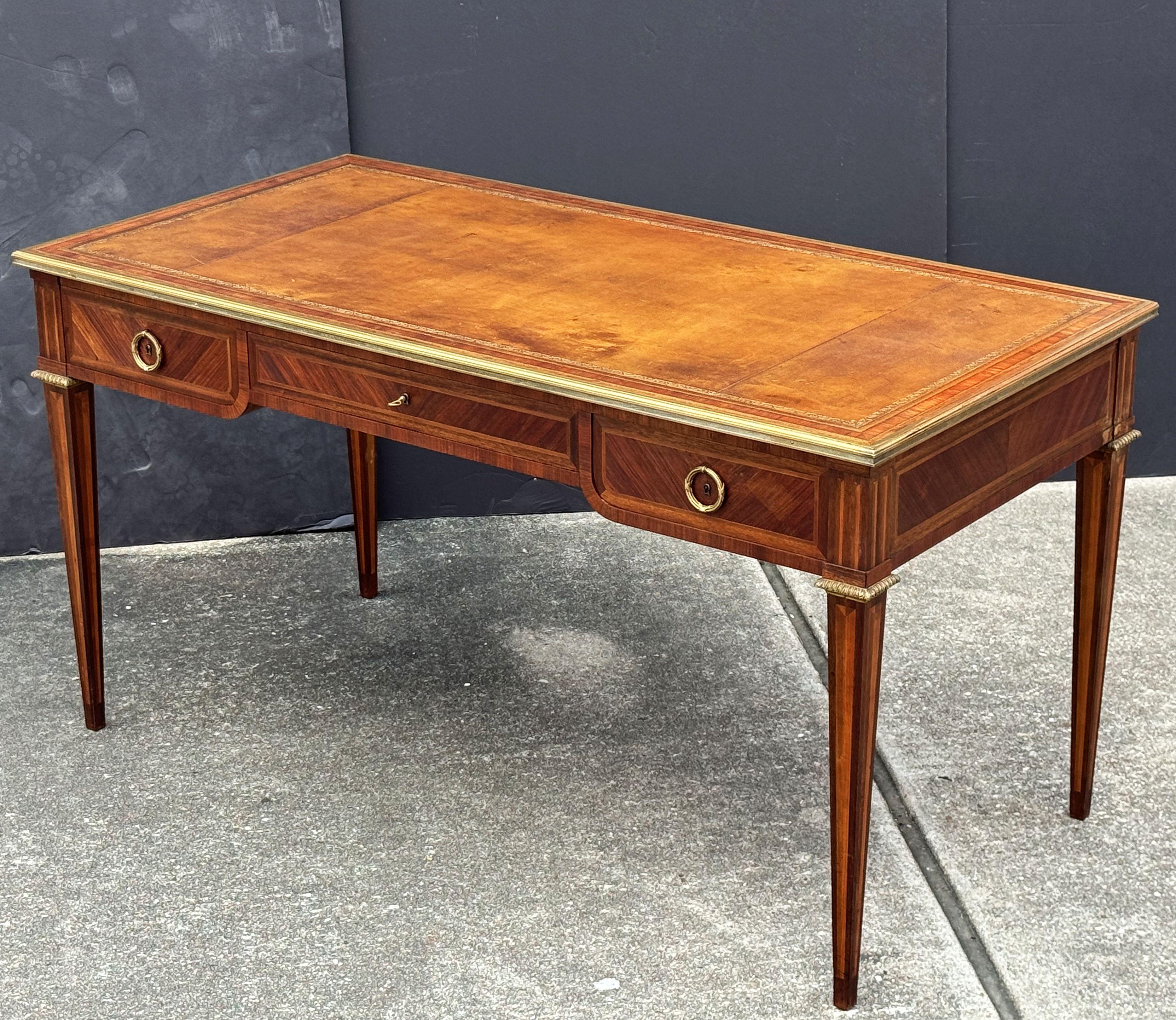 Inlay French Louis XVI Style Writing Table or Desk with Leather Top by Maison Leger