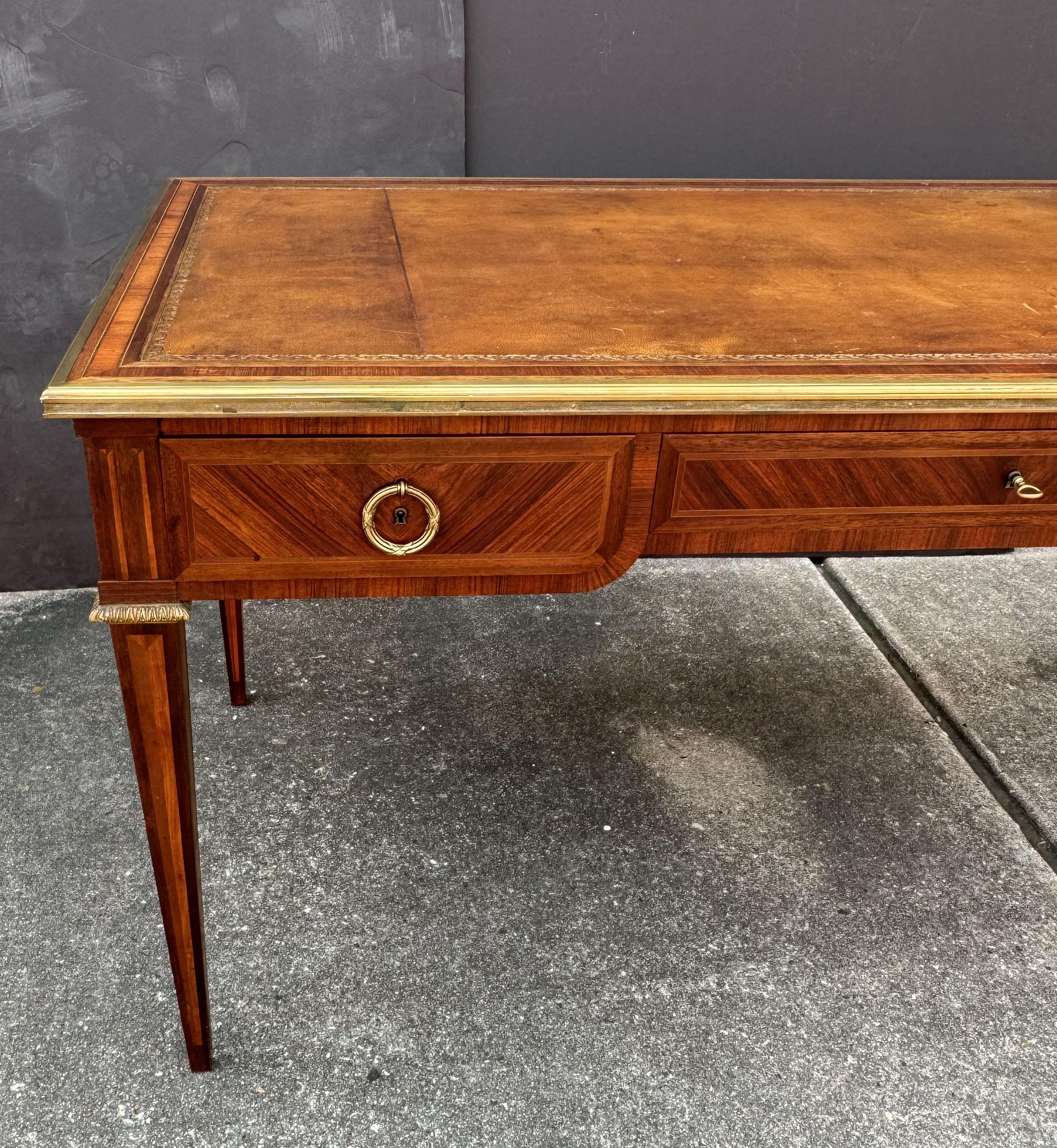 Metal French Louis XVI Style Writing Table or Desk with Leather Top by Maison Leger
