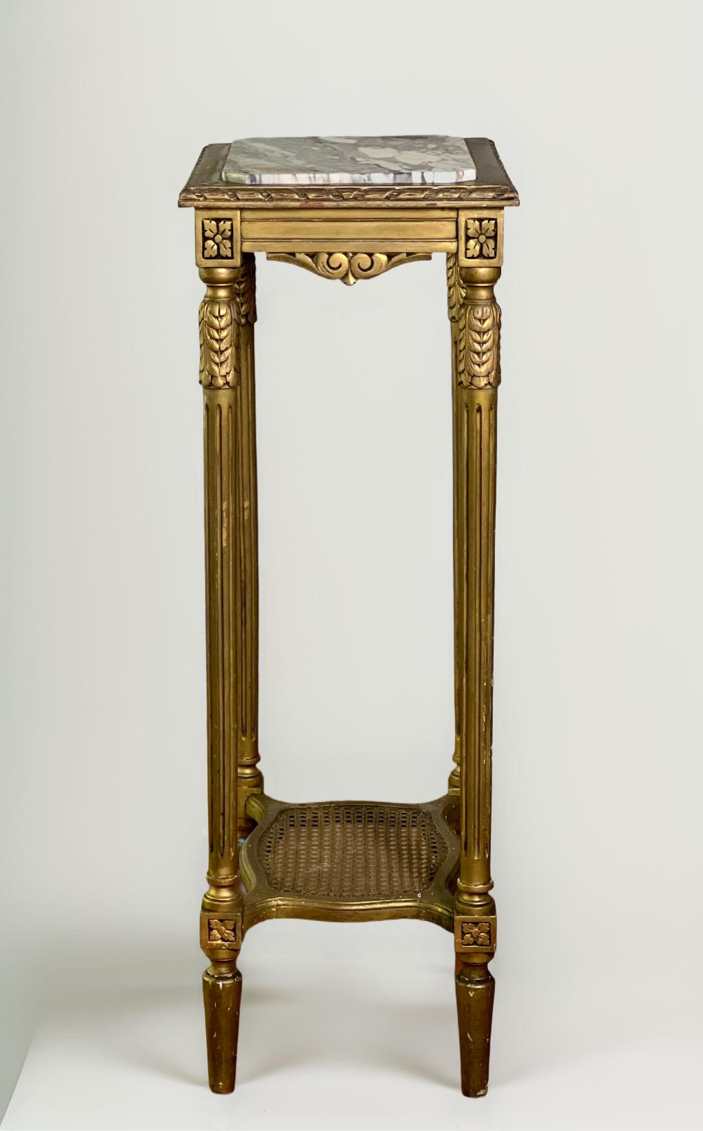20th Century French Louis XVI Tall Carved Gilt Pedestal Stand with Marble Top For Sale