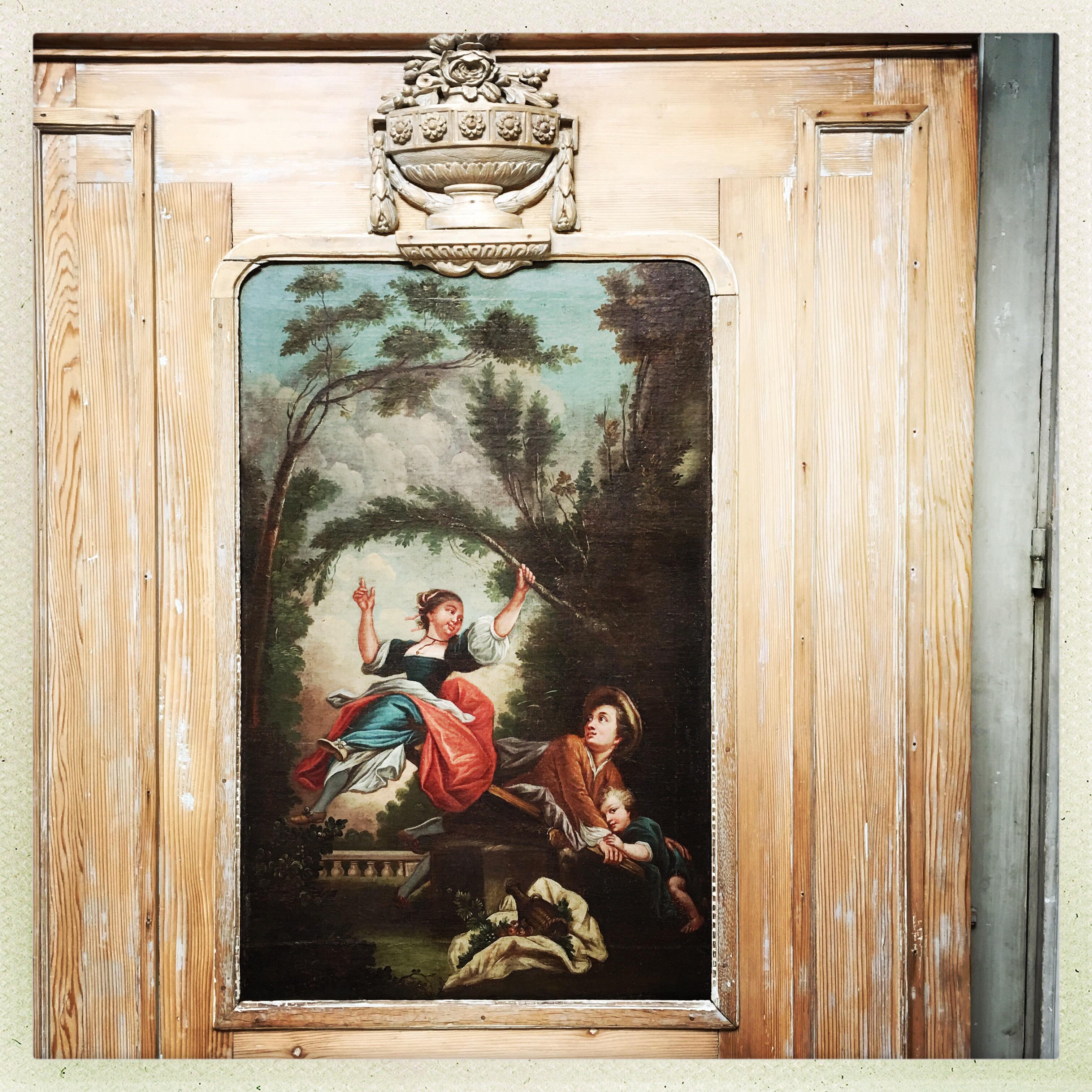 18th Century French Louis XVI Trumeau Mirror with an Oil painting after Fragonard For Sale