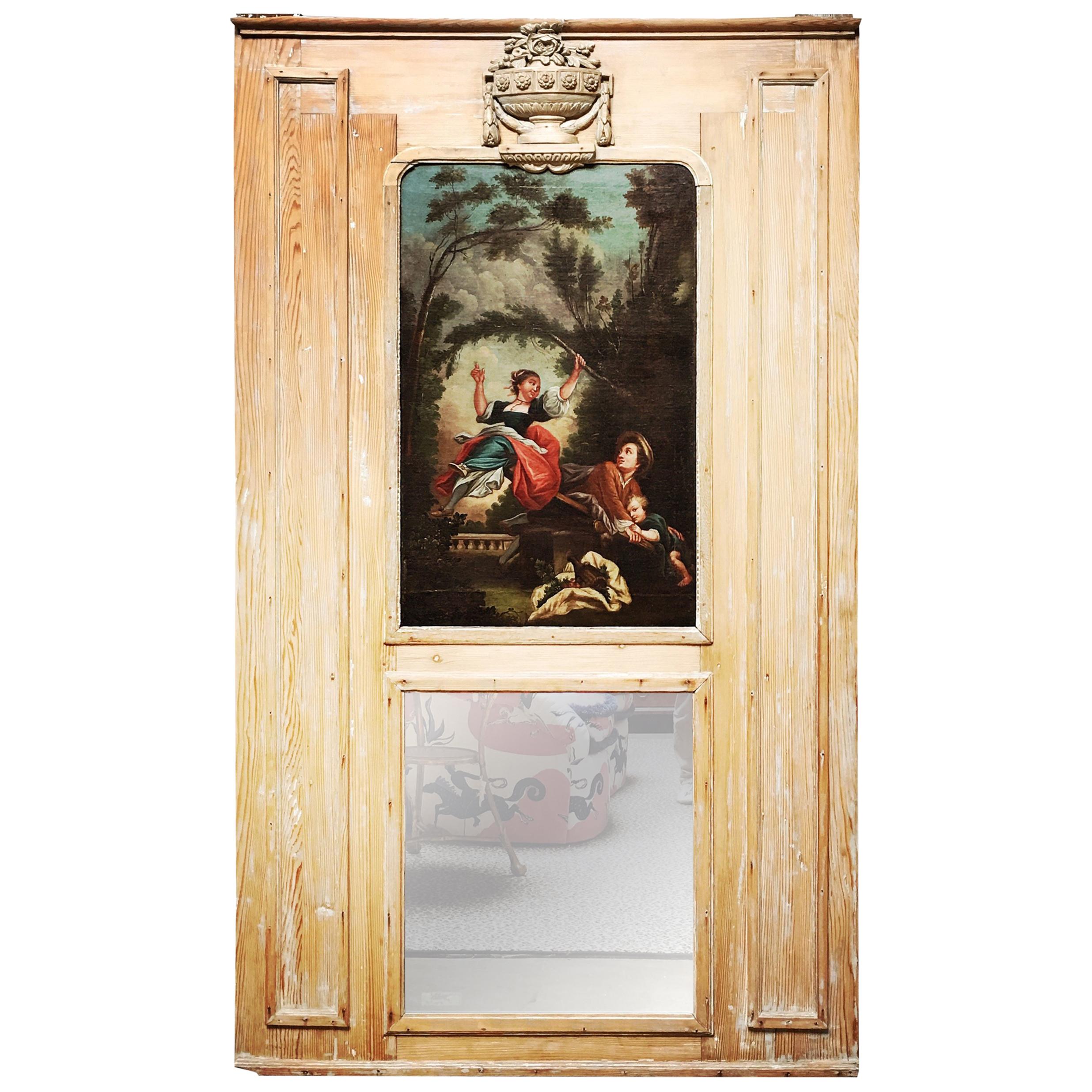 French Louis XVI Trumeau Mirror with an Oil painting after Fragonard