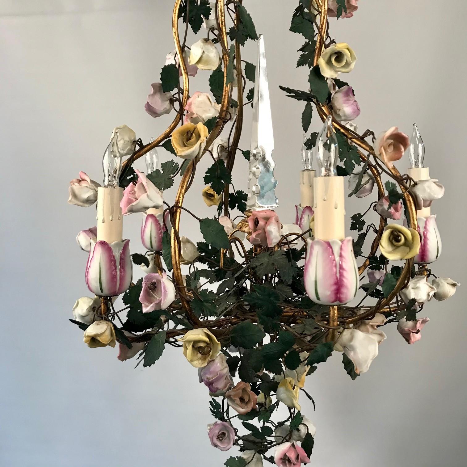 French Louis XVI Vintage Vincennes Style Porcelain Floral Five-Arm Chandelier For Sale 6
