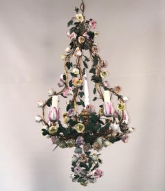 French Louis XVI Vintage Vincennes Style Porcelain Floral Five-Arm Chandelier