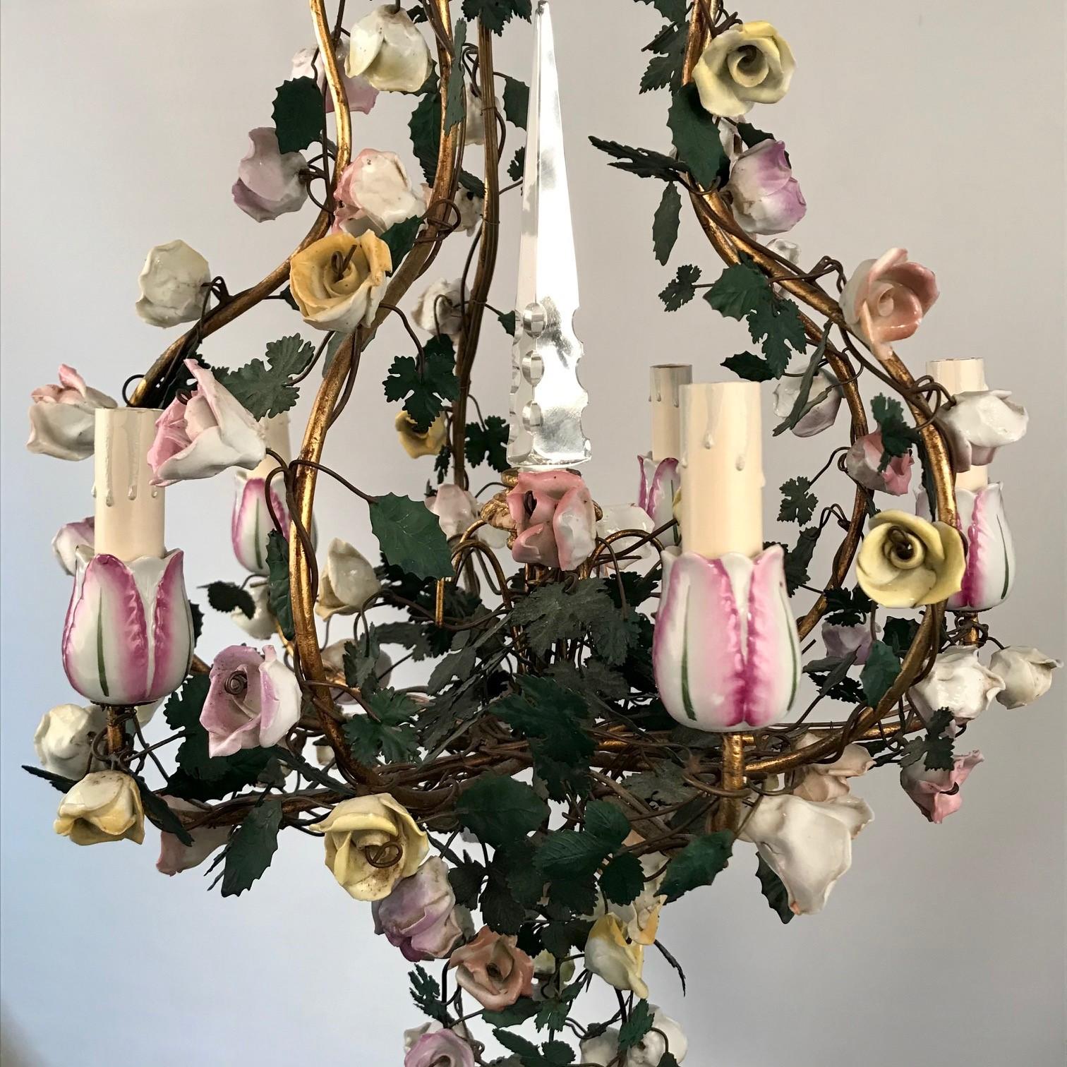 French Louis XVI Vintage Vincennes Style Porcelain Floral Five-Arm Chandelier For Sale 1