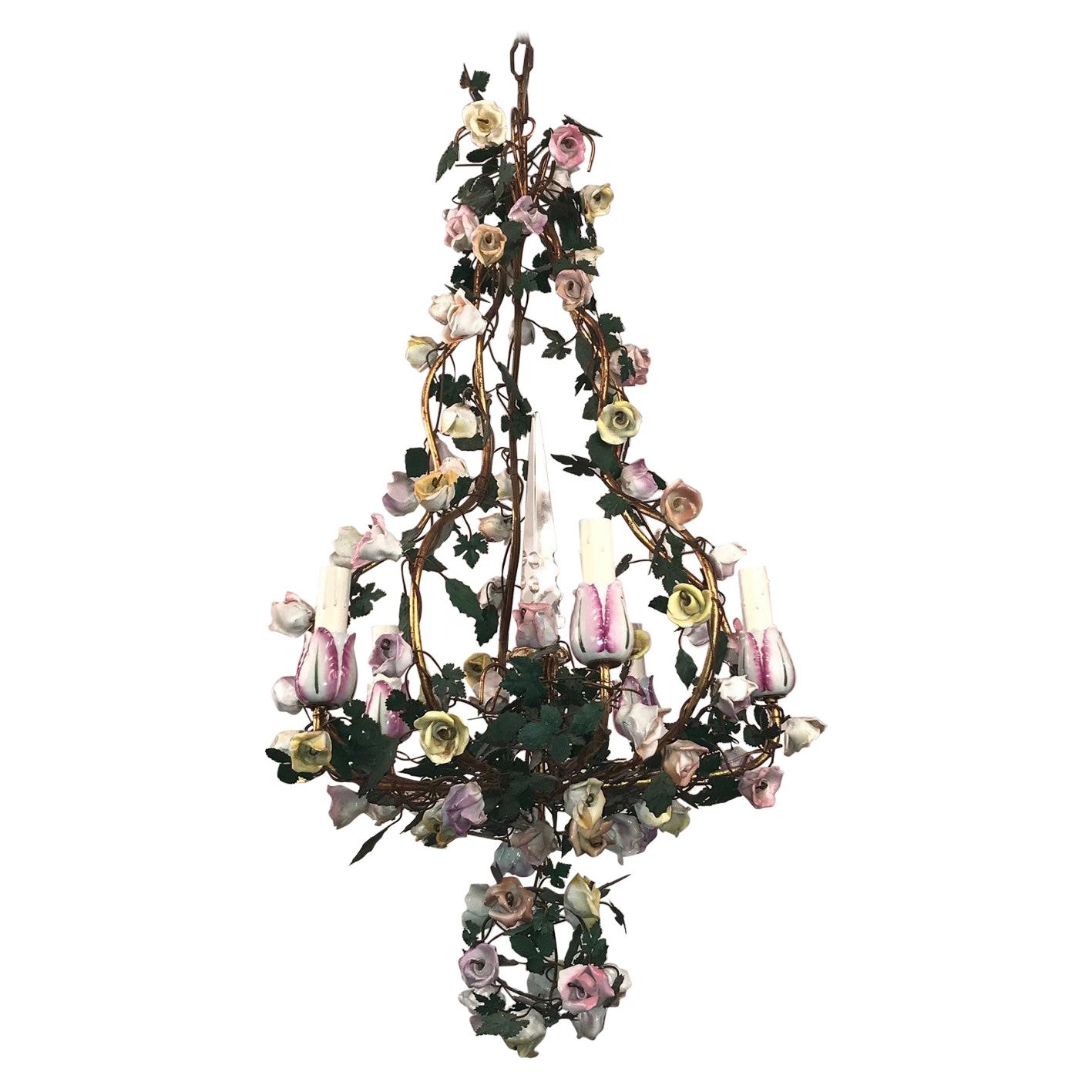 French Louis XVI Vintage Vincennes Style Porcelain Floral Five-Arm Chandelier For Sale