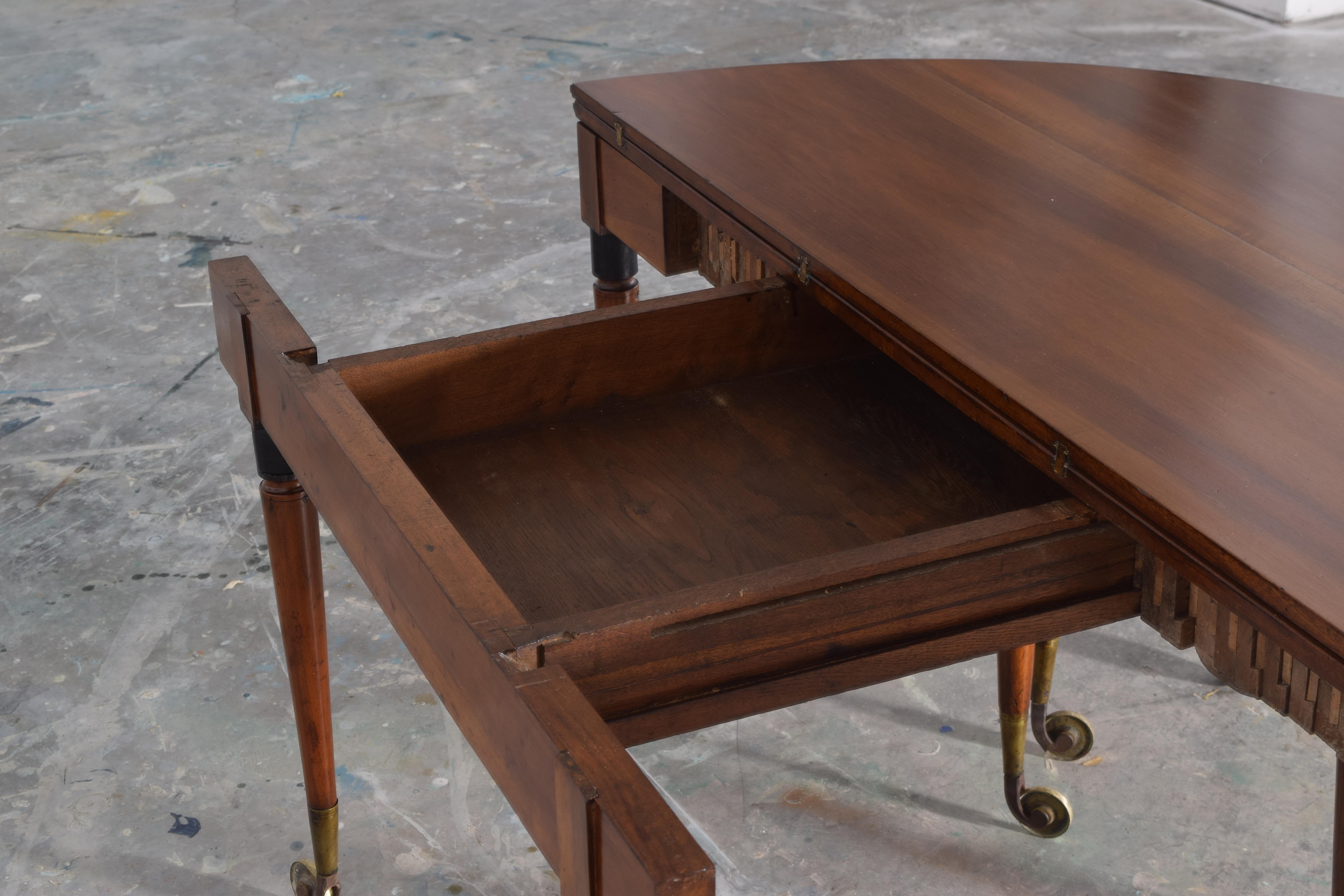 French Louis XVI Walnut and Brass Foldover Dining Table, Stamped 
