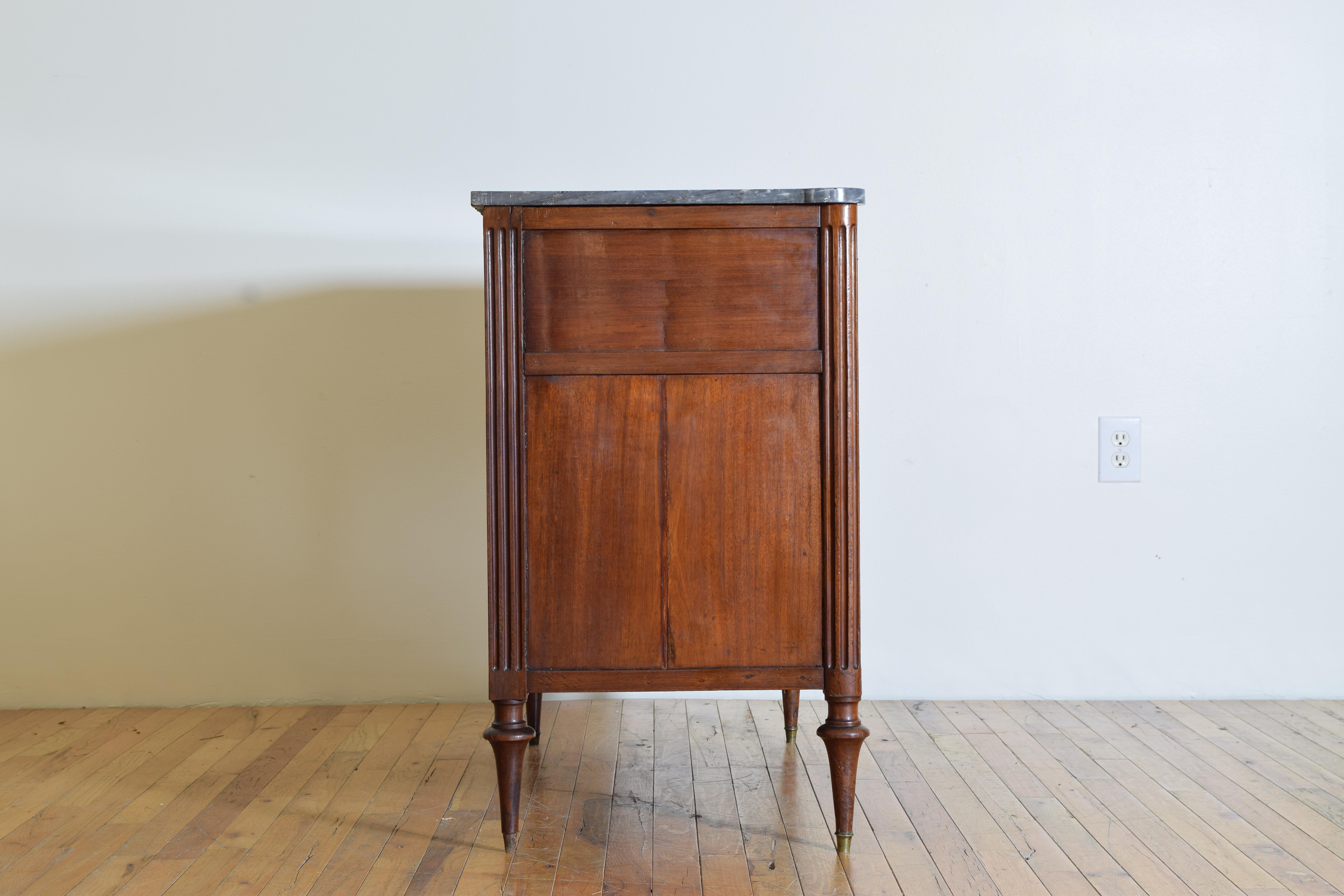Late 18th Century French Louis XVI Walnut & Brass Mounted Marble Top 3-Drawer Commode, circa 1780