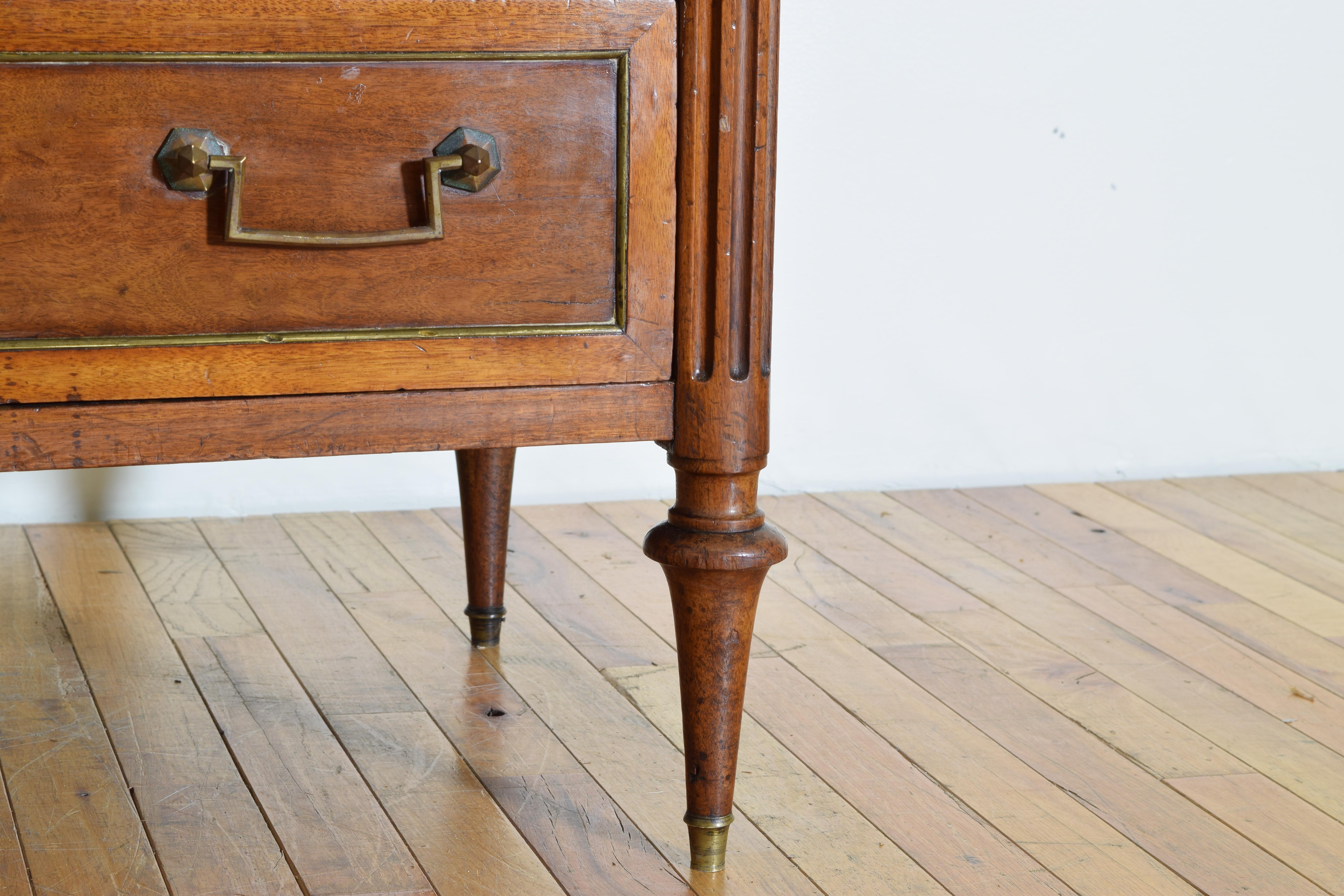 French Louis XVI Walnut & Brass Mounted Marble Top 3-Drawer Commode, circa 1780 5