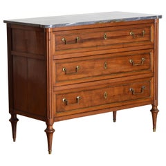 French Louis XVI Walnut & Brass Mounted Marble Top 3-Drawer Commode, circa 1780