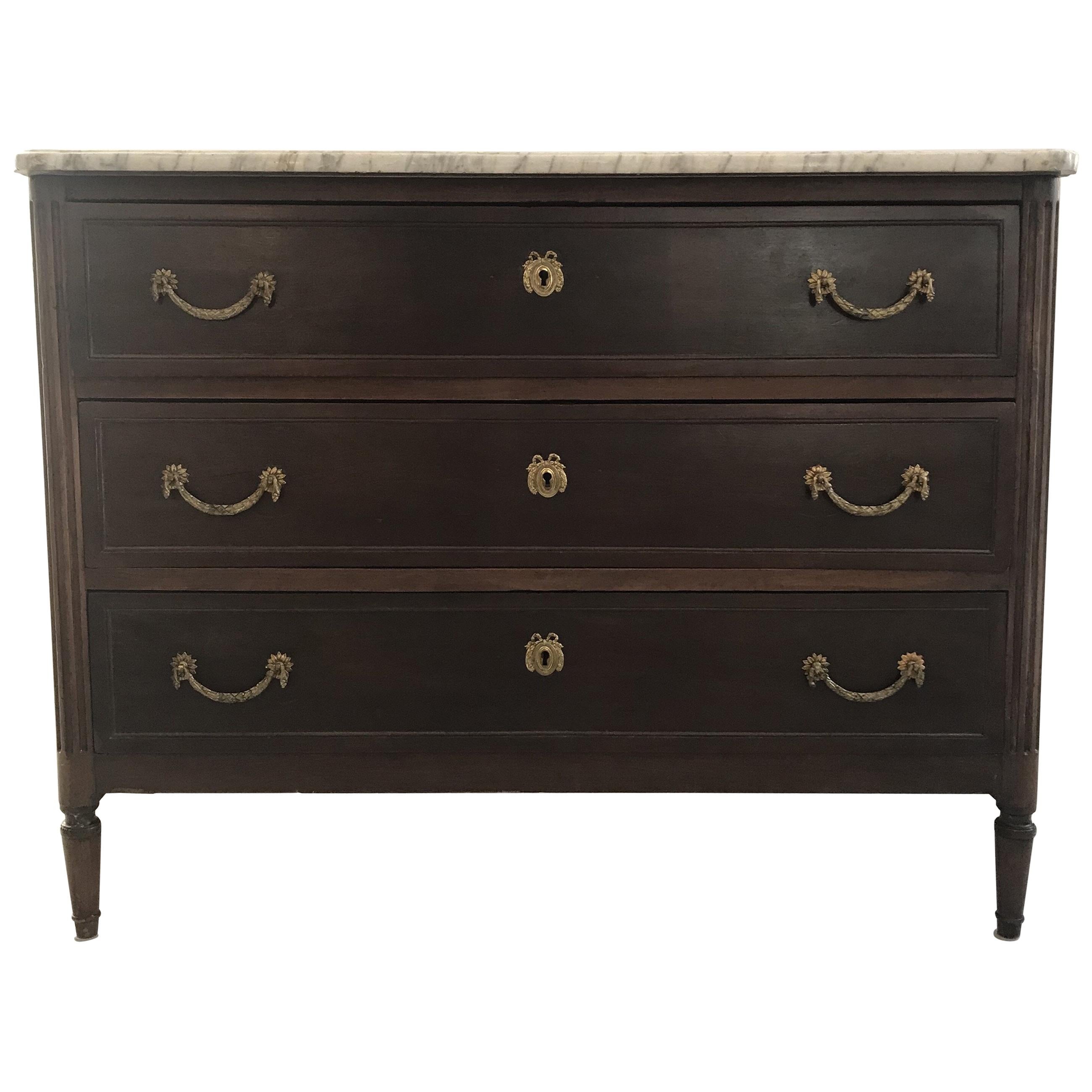 French Louis XVI Walnut Commode Chest of Drawers with Carrara Top