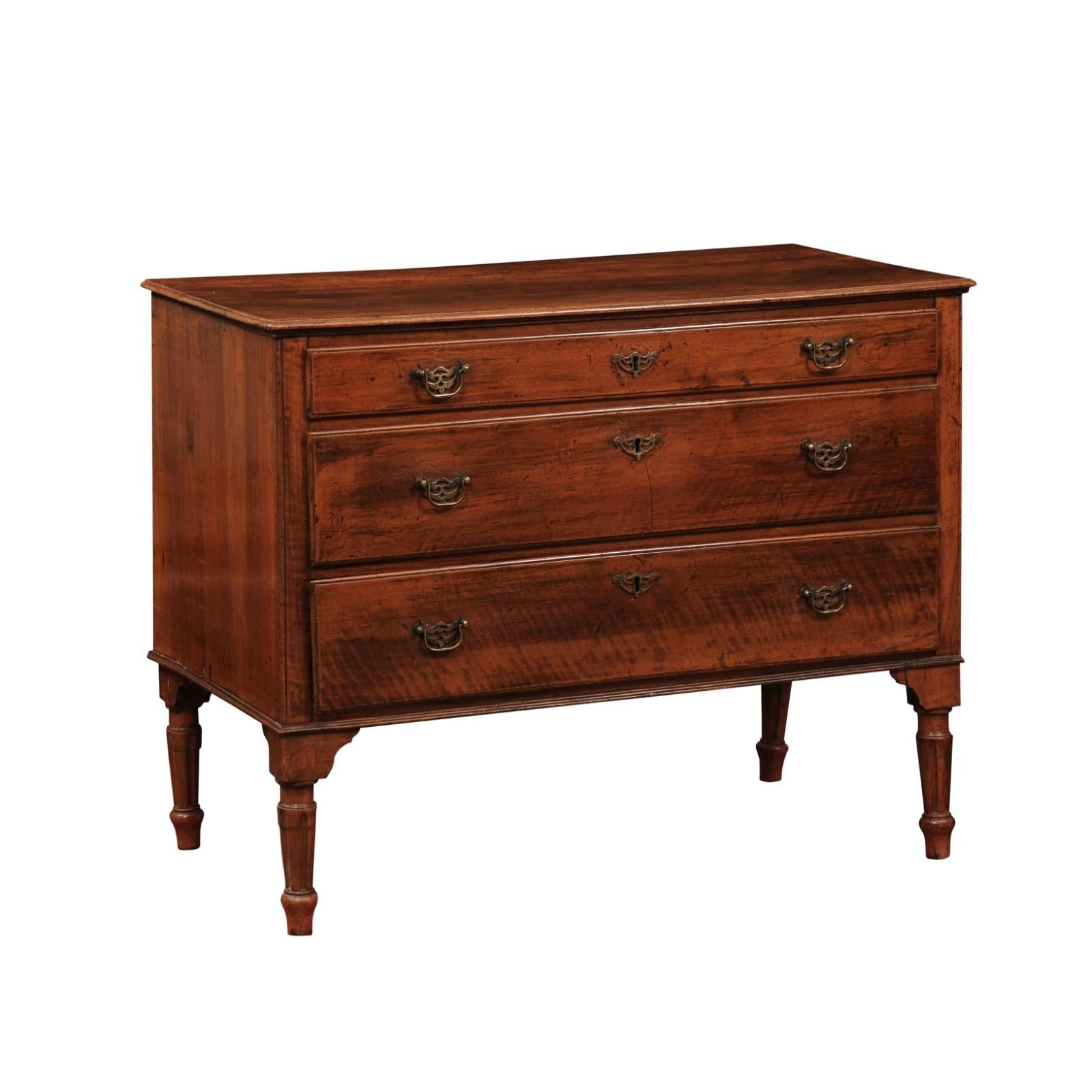 French Louis XVI Walnut Commode with 3 Drawers and Fluted Legs, Late 18th Century