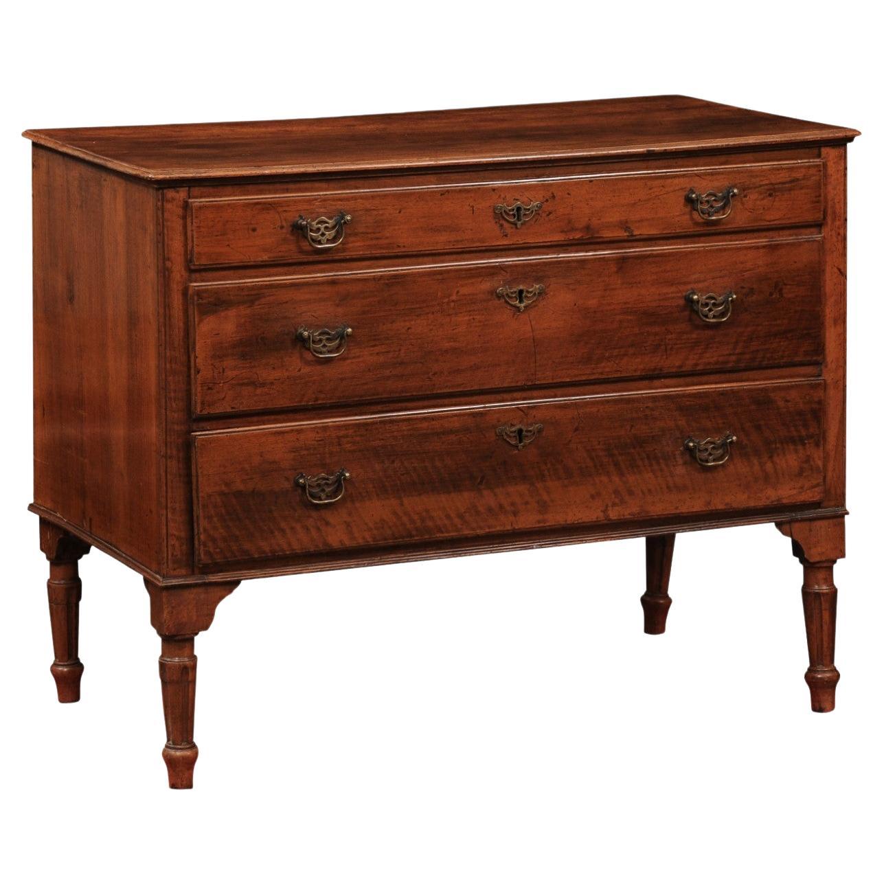 French Louis XVI Walnut Commode with 3 Drawers and Fluted Legs For Sale