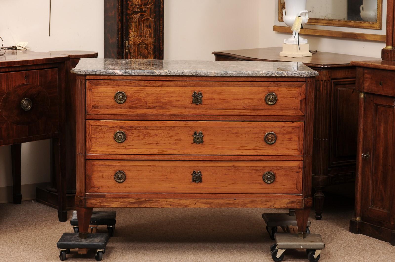 French Louis XVI Walnut Commode with Marble Top & 3 Drawers, ca. 1790 For Sale 9