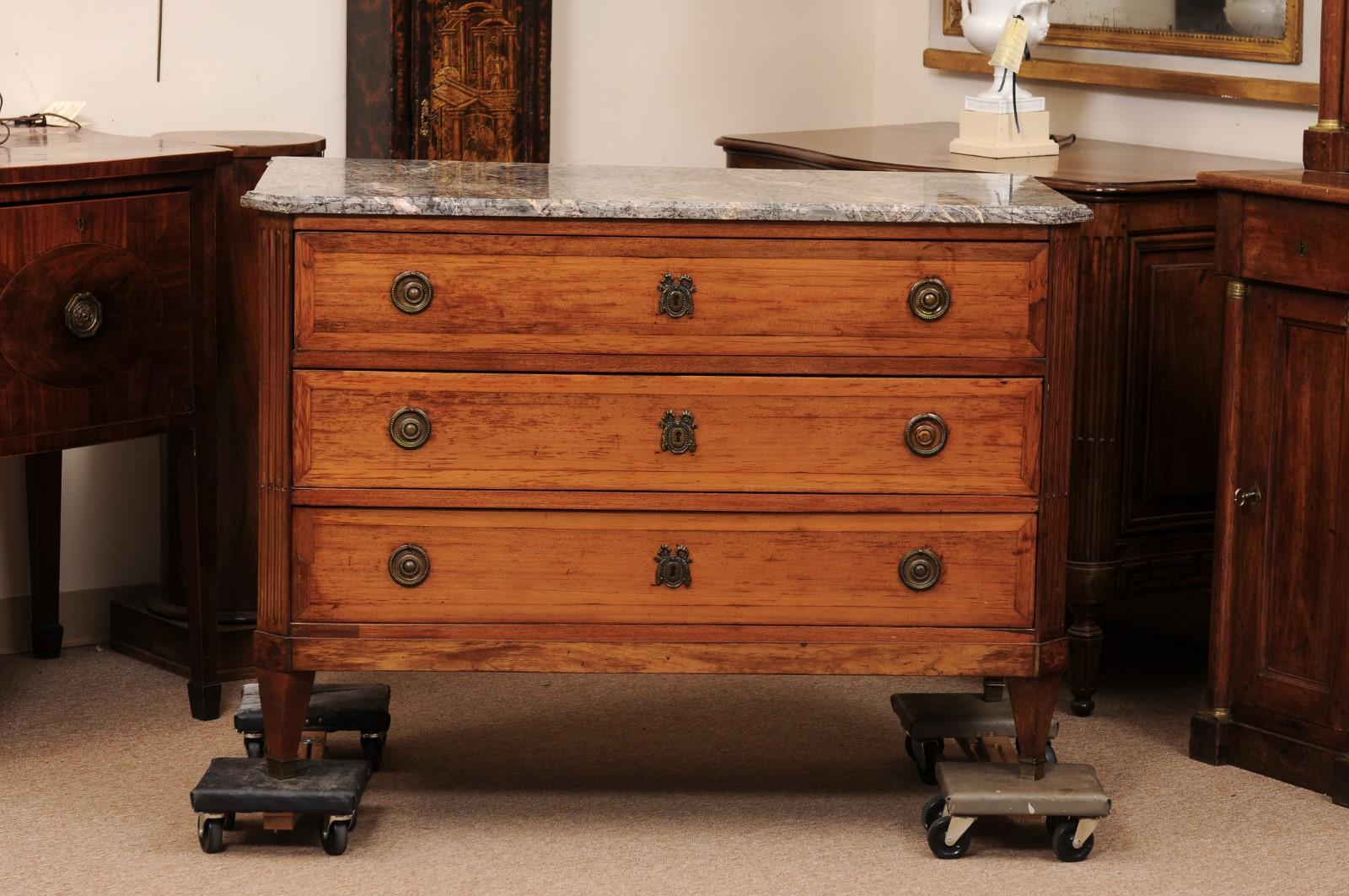 French Louis XVI Walnut Commode with Marble Top & 3 Drawers, ca. 1790 10