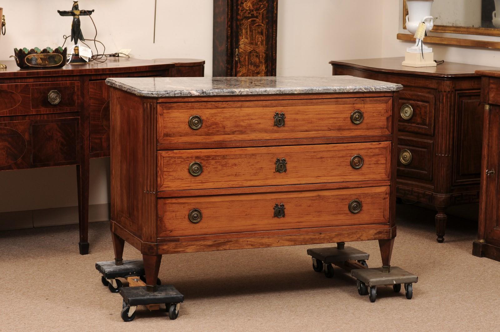 French Louis XVI Walnut Commode with Marble Top & 3 Drawers, ca. 1790 In Fair Condition For Sale In Atlanta, GA