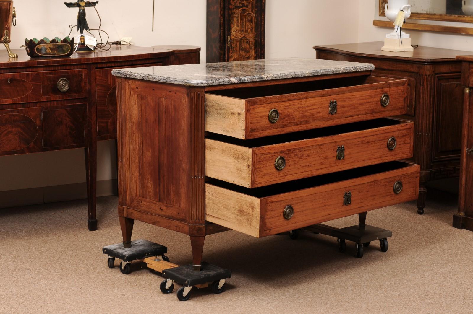 French Louis XVI Walnut Commode with Marble Top & 3 Drawers, ca. 1790 2