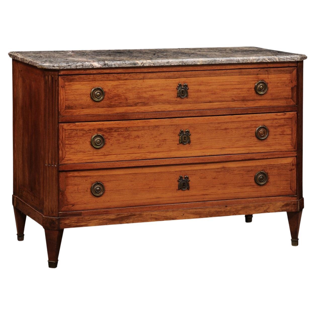 French Louis XVI Walnut Commode with Marble Top & 3 Drawers, ca. 1790 For Sale