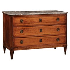 Antique French Louis XVI Walnut Commode with Marble Top & 3 Drawers, ca. 1790