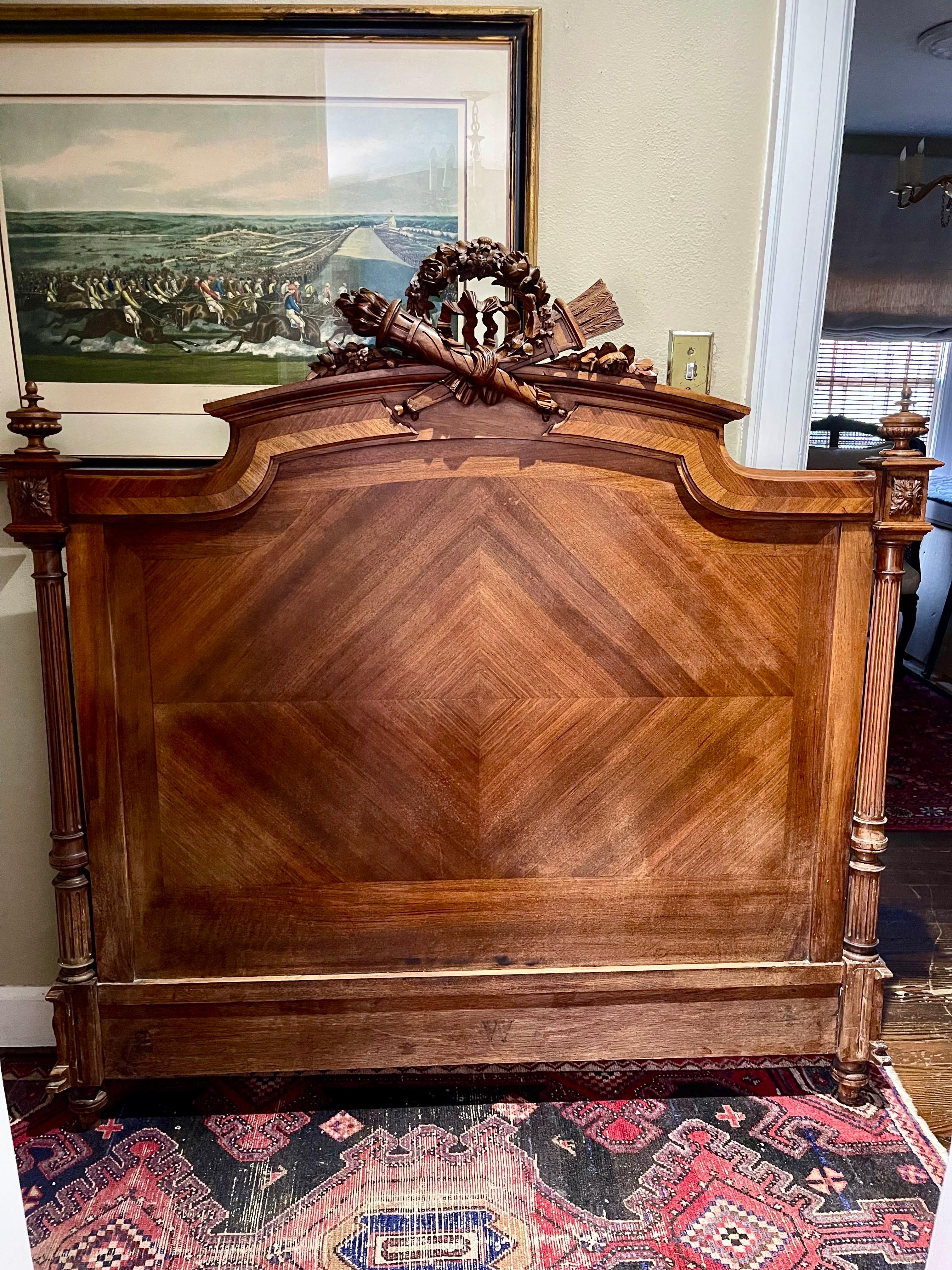 French Louis XVI Walnut Full-Size Headboard with Carvings, 19th Century In Good Condition In Savannah, GA