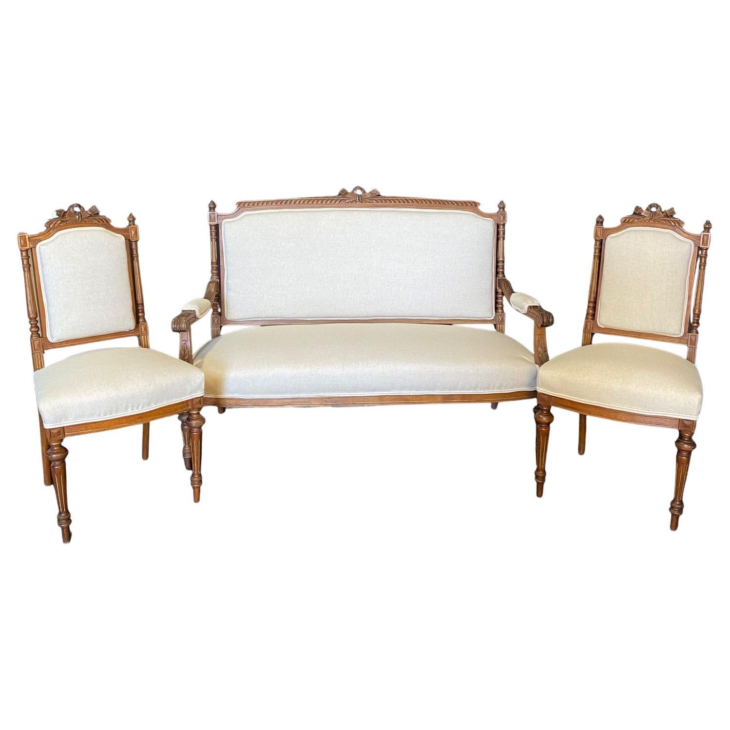 French Louis XVI Walnut Parlor Suite Set with Sofa and Two Side Chairs
