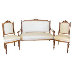 Antique French Louis XVI Walnut Parlor Suite Set with Sofa and Two Side Chairs