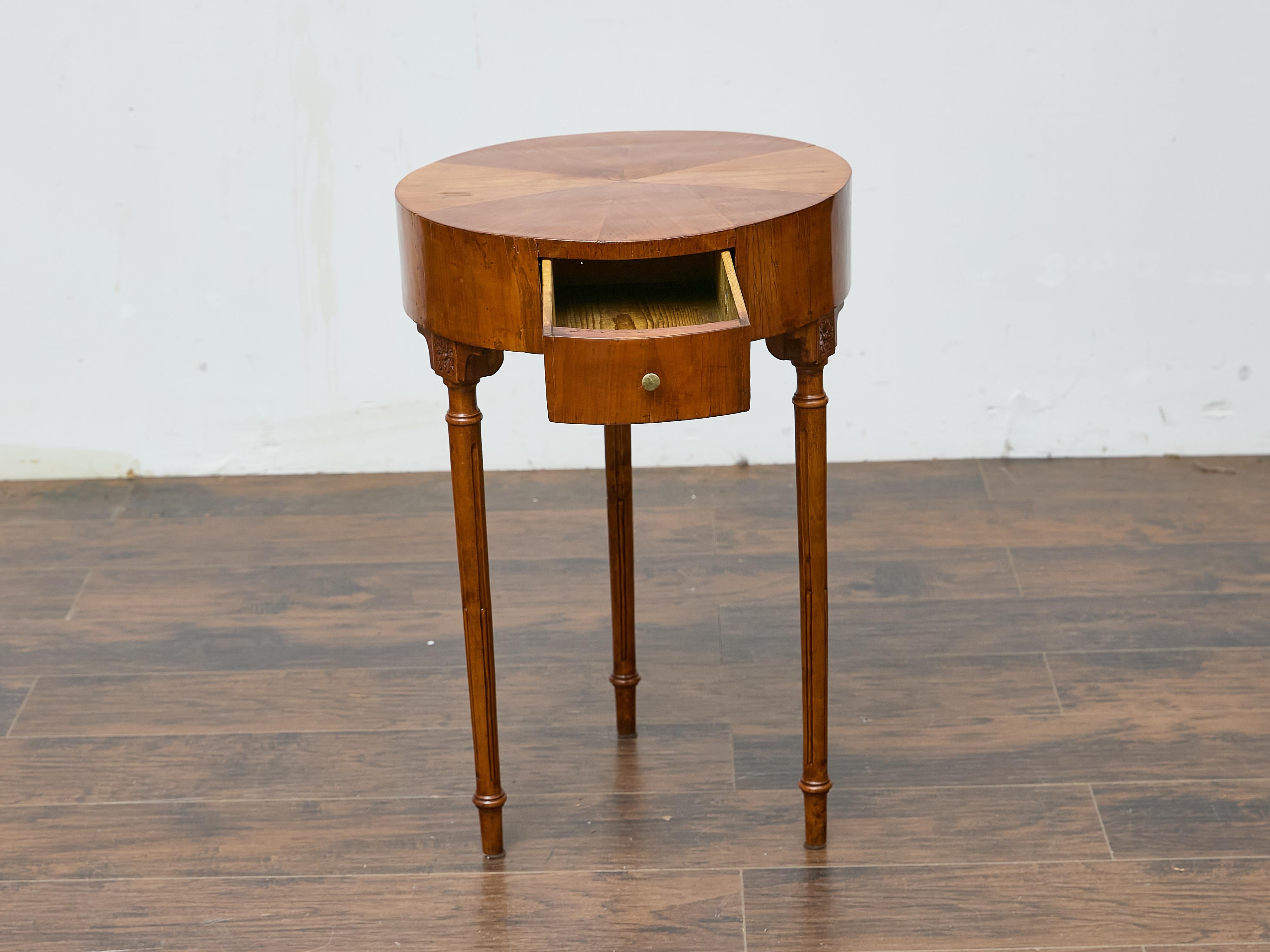 Carved French Louis XVI Walnut Side Table with Single Drawer and Fluted Legs For Sale